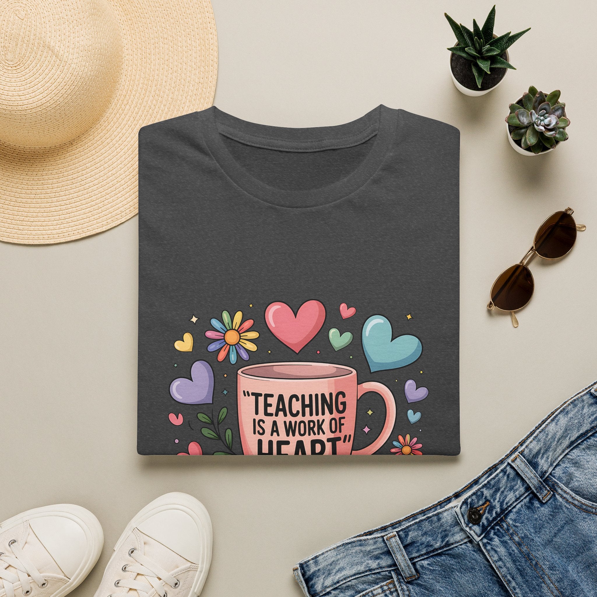 Teaching Is a Work of Heart T-Shirt | Teacher Mug and Books Design
