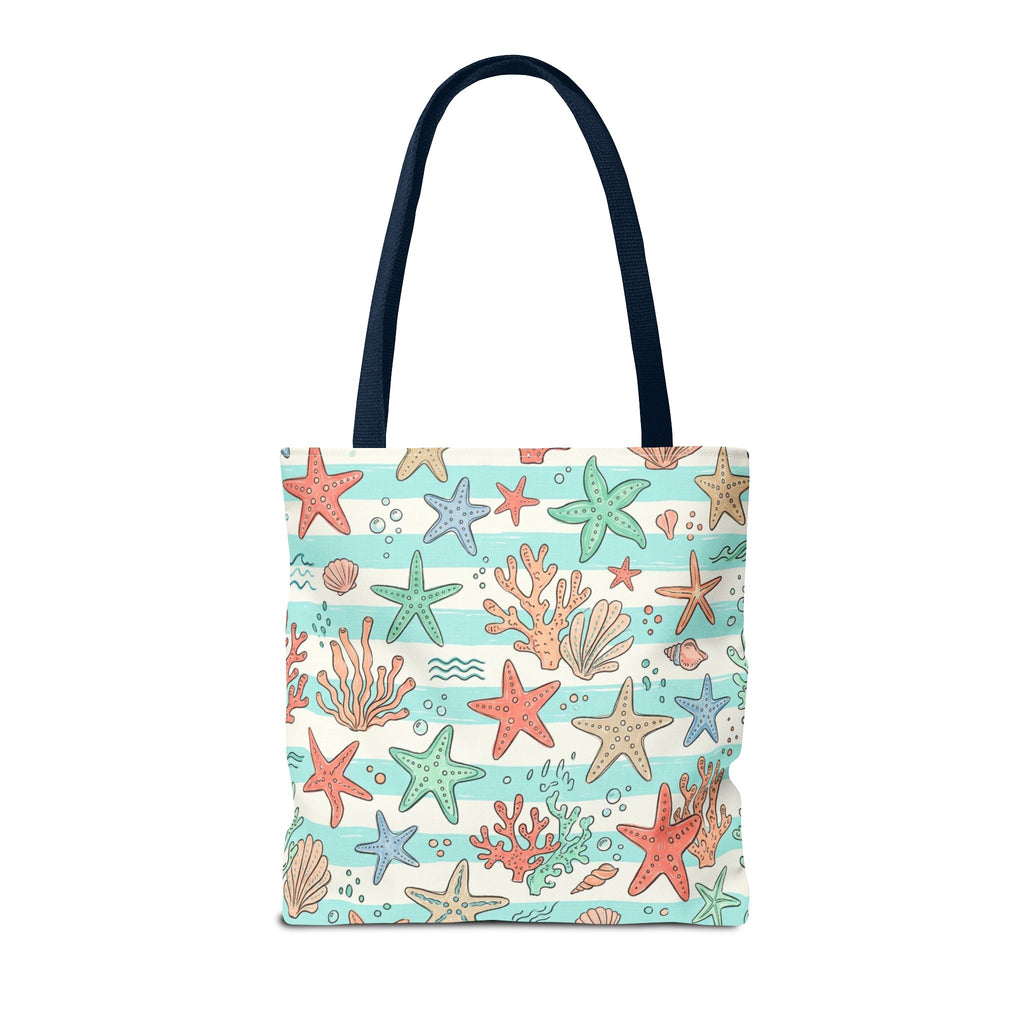 Starfish Coral Pattern Tote Bag | Beach Sea Life Striped Nautical Design