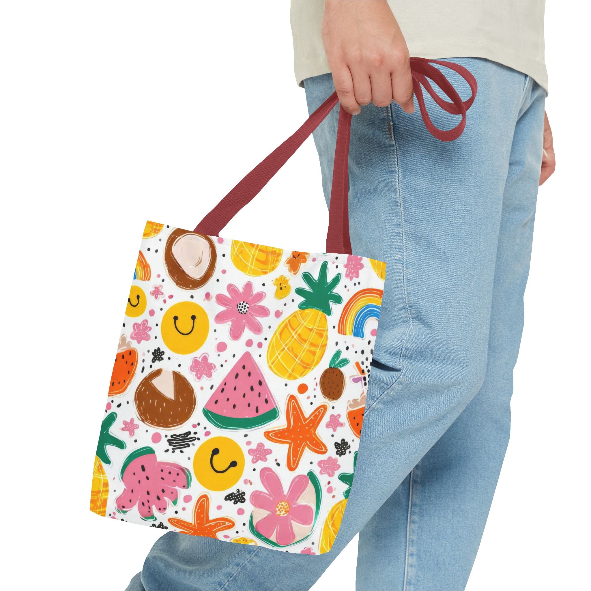 Tropical Fruit Pattern Tote Bag | Pineapple Watermelon Coconut Smiley