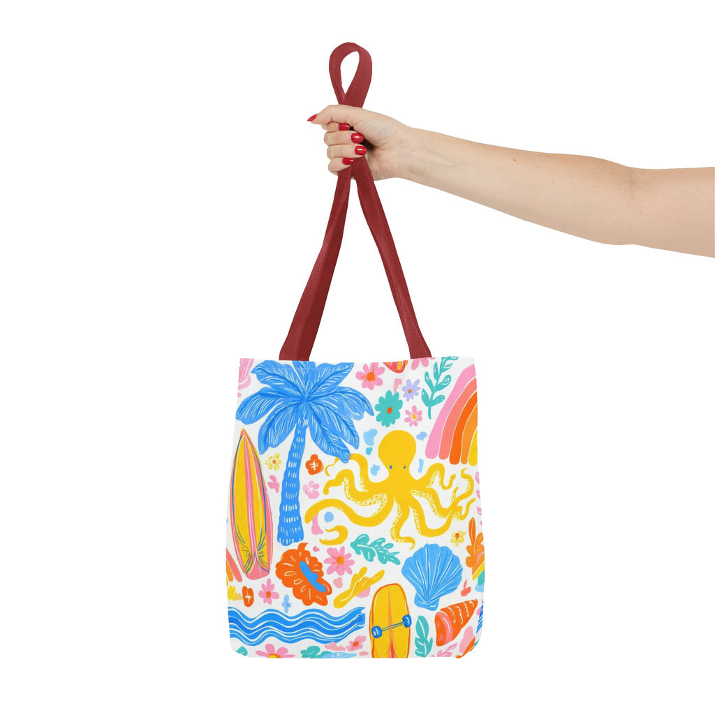 Colorful Beach Octopus Tote Bag | Tropical Palm, Surfboard, Rainbow Print