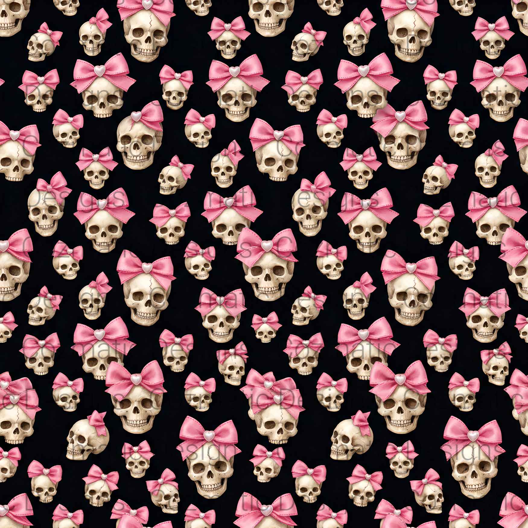 Girlie Skulls Seamless Pattern PNG | Skulls with Bows | Digital Download for Sublimation & Crafts