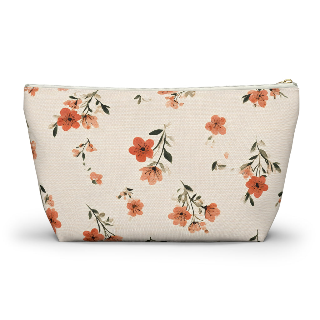 Peach Floral Print Accessory Pouch | T-Bottom Zipper Pouch