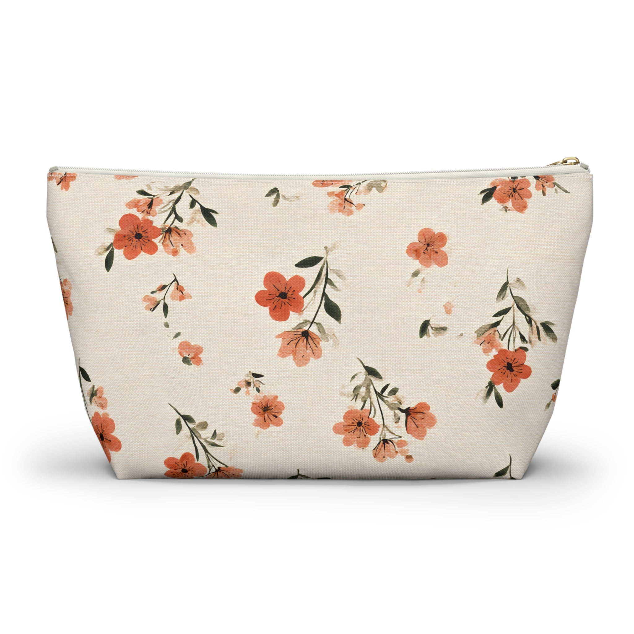 Peach Floral Print Accessory Pouch | T-Bottom Zipper Pouch