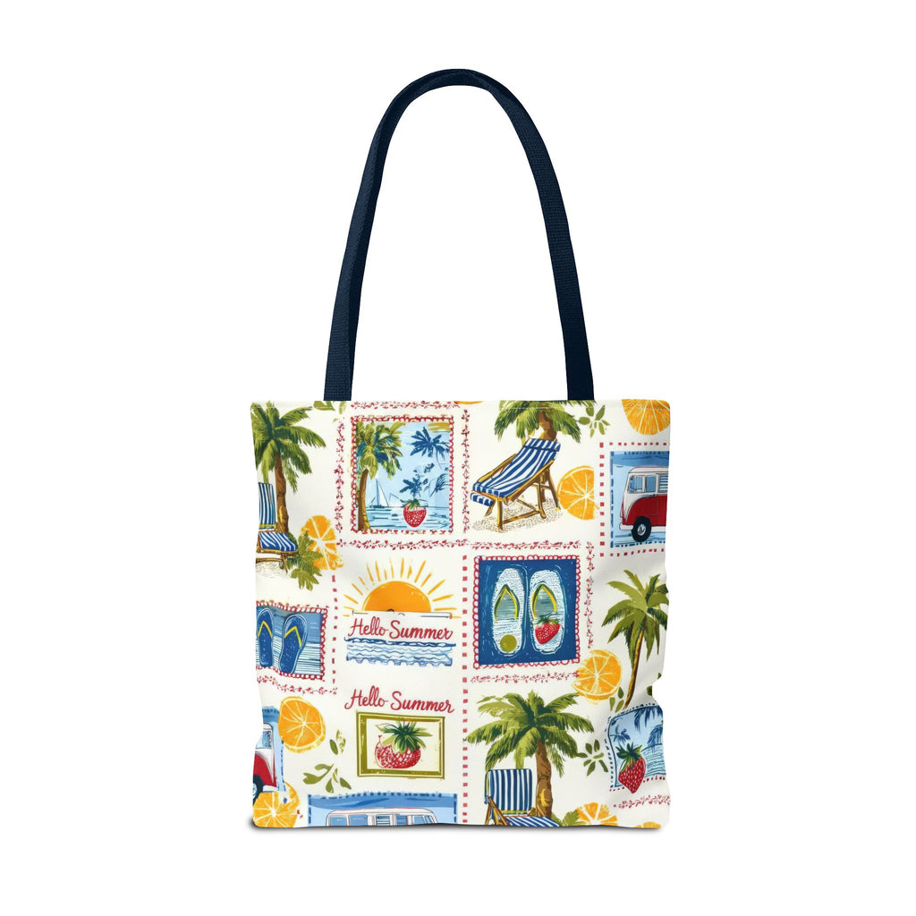 Hello Summer collage Tote Bag | beach palm trees flip flops camper van