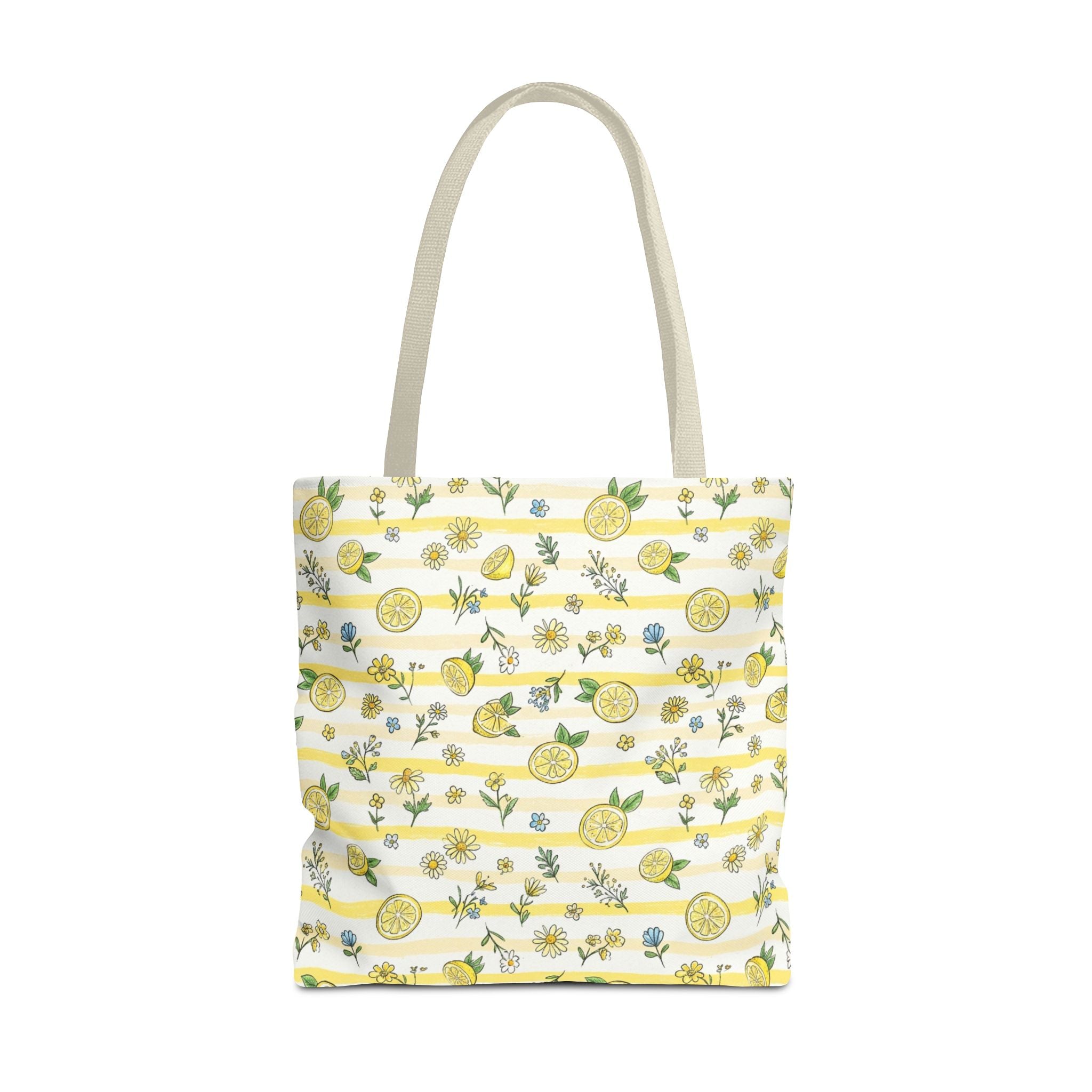 Lemon Stripe Pattern Tote Bag | Citrus Floral All-Over Print