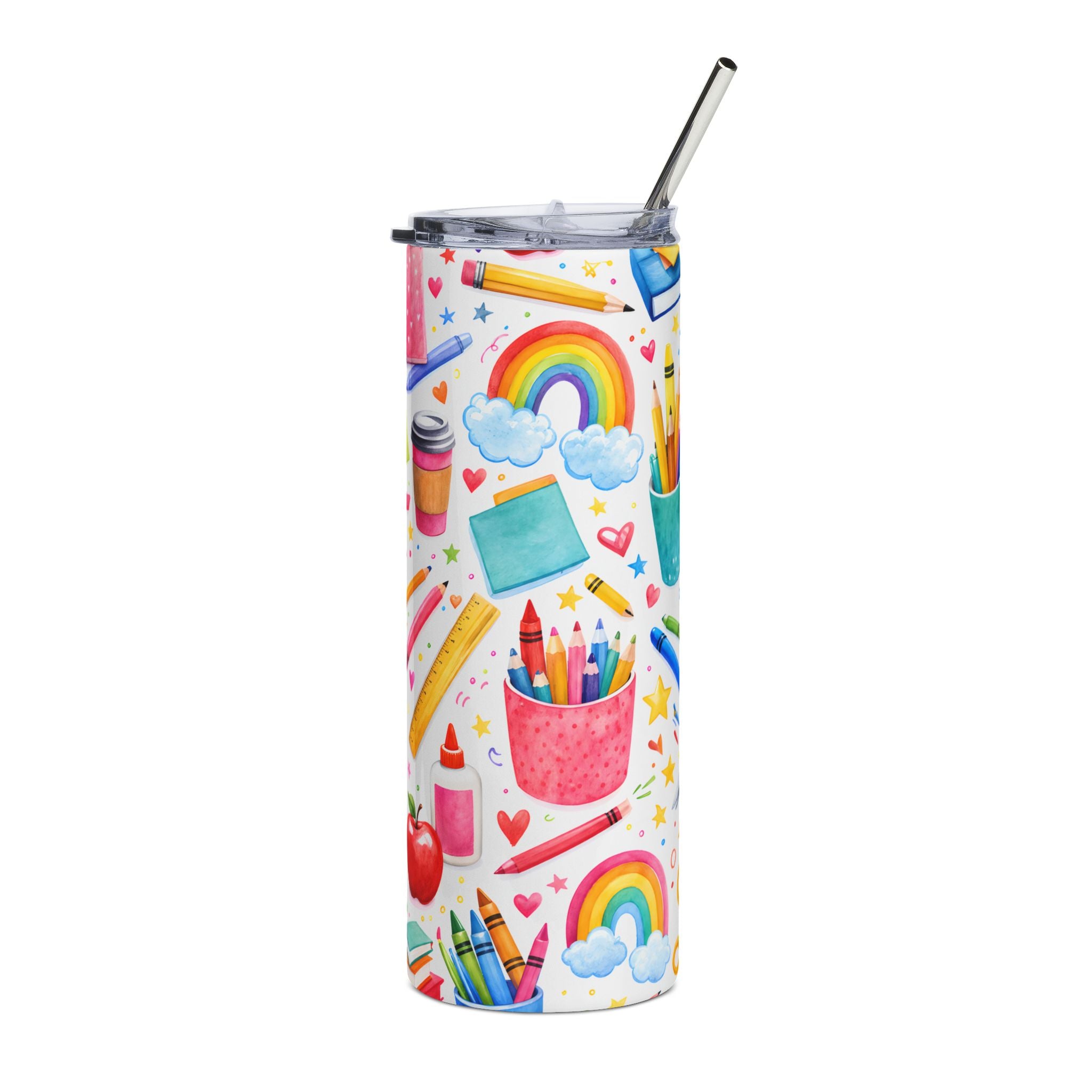 20oz Stainless Steel Tumbler — Colorful School Supplies Pattern (Crayons, Rainbows, Apple)