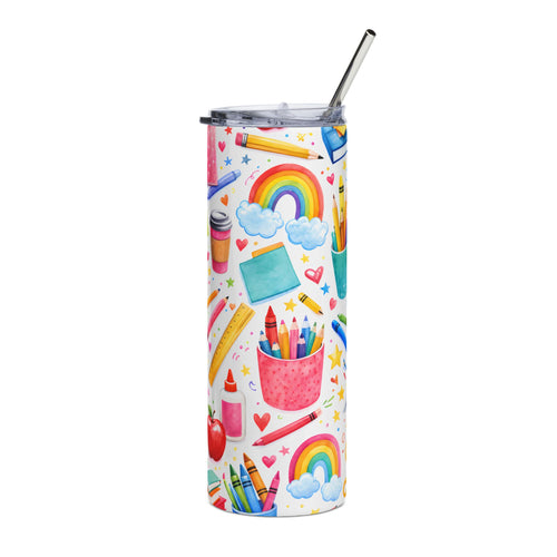 20oz Stainless Steel Tumbler — Colorful School Supplies Pattern (Crayons, Rainbows, Apple)