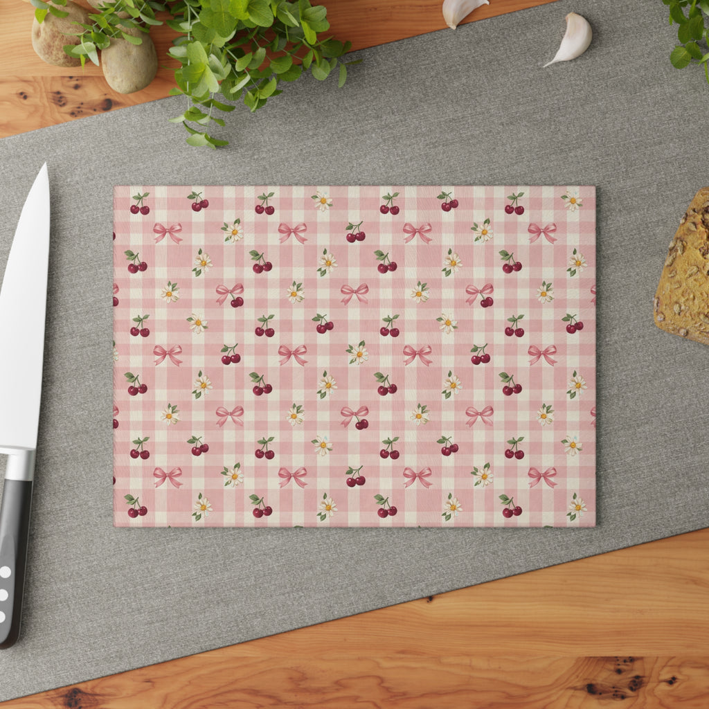 Cherry Bow Plaid Glass Cutting Board | Pink Floral Cherry Pattern