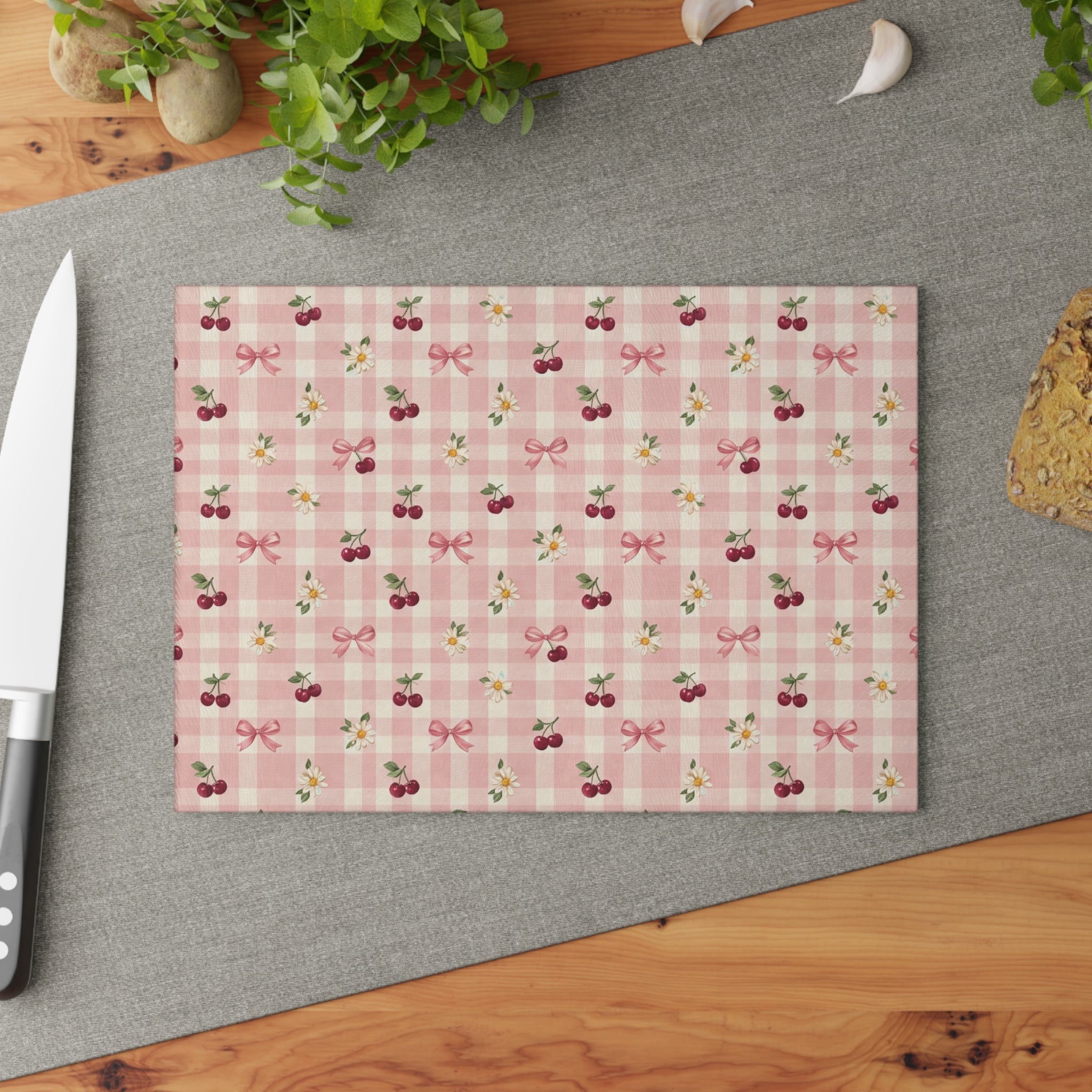Cherry Bow Plaid Glass Cutting Board | Pink Floral Cherry Pattern