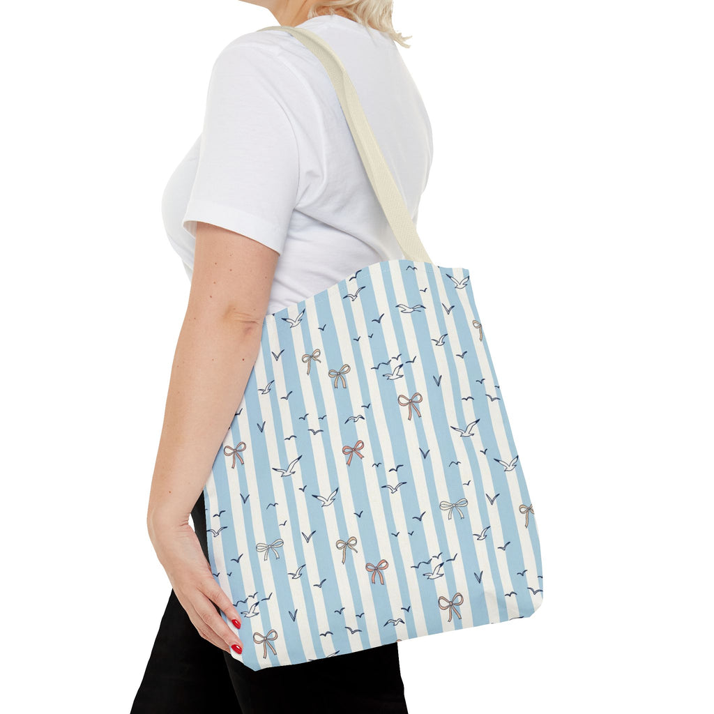 Blue Striped Bows and Birds Tote Bag