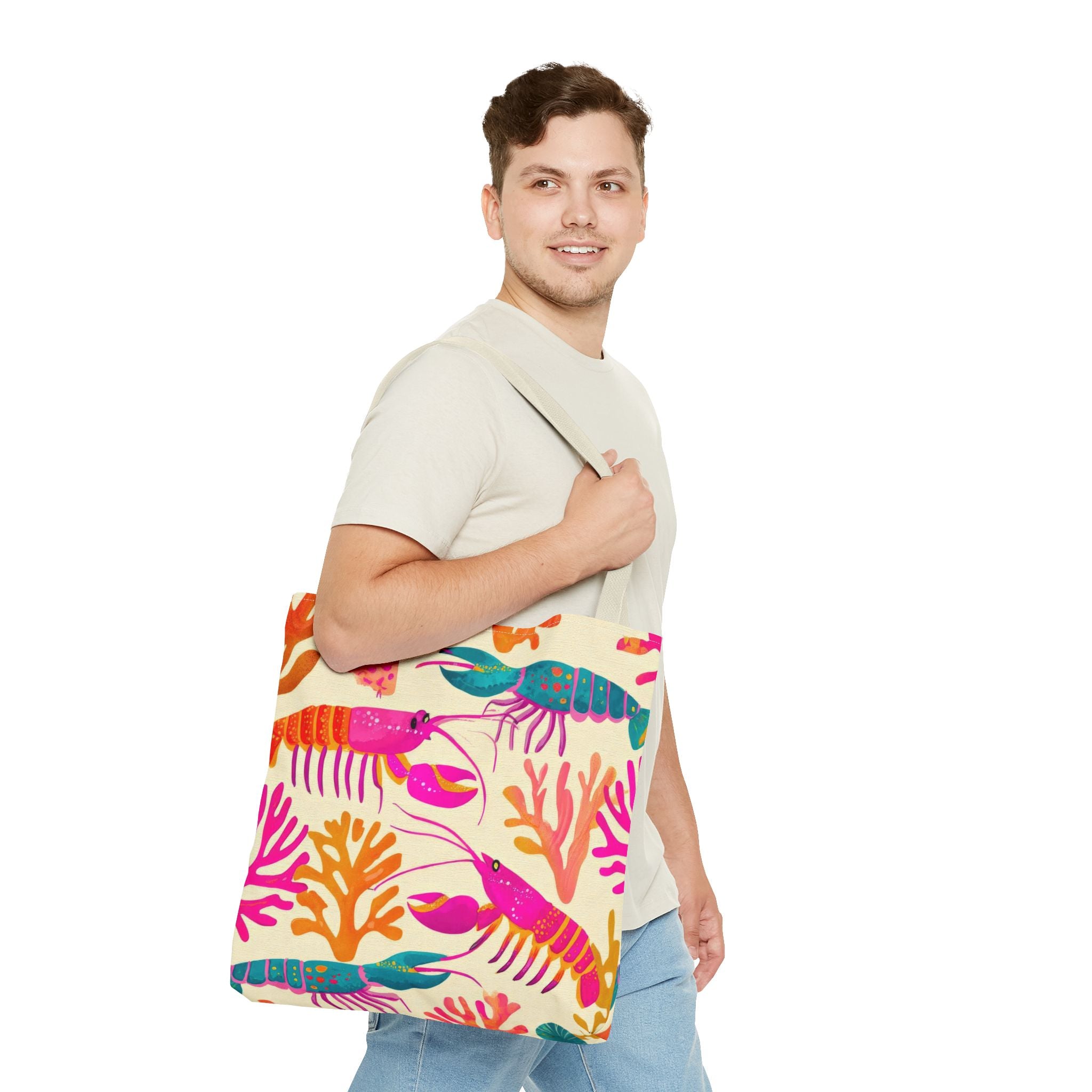 Colorful Lobster Pattern Tote Bag | Tropical Sea Life Coral Print