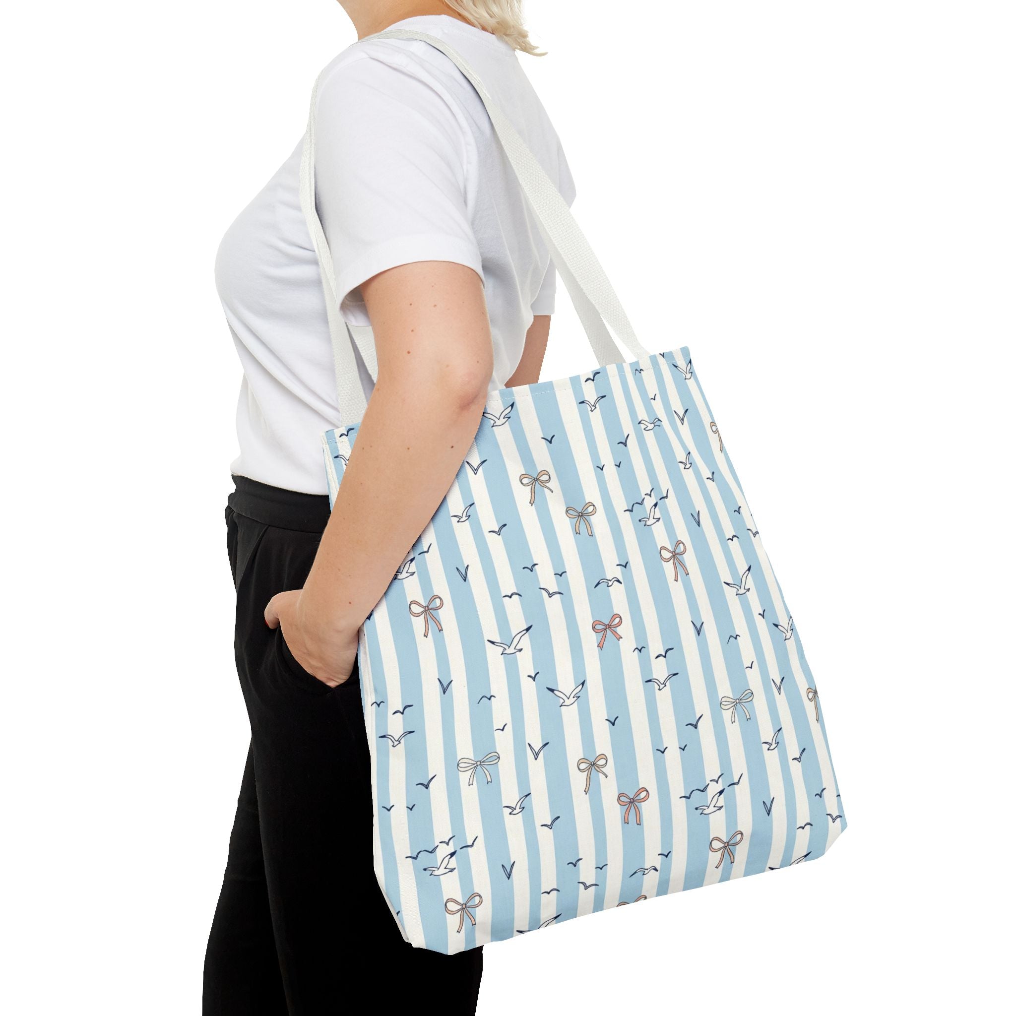 Blue Striped Bows and Birds Tote Bag