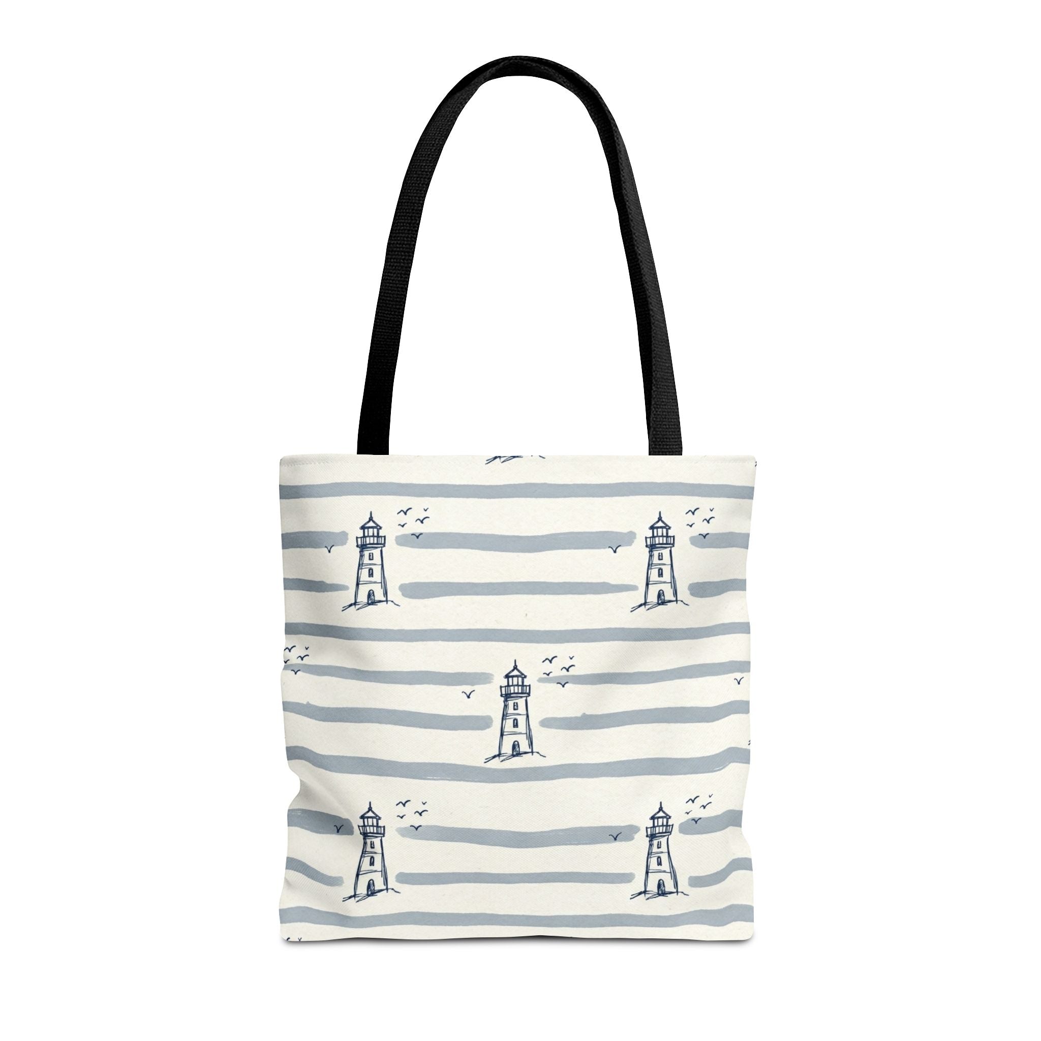 Nautical Lighthouse Pattern Tote Bag | Striped Coastal Beach Tote
