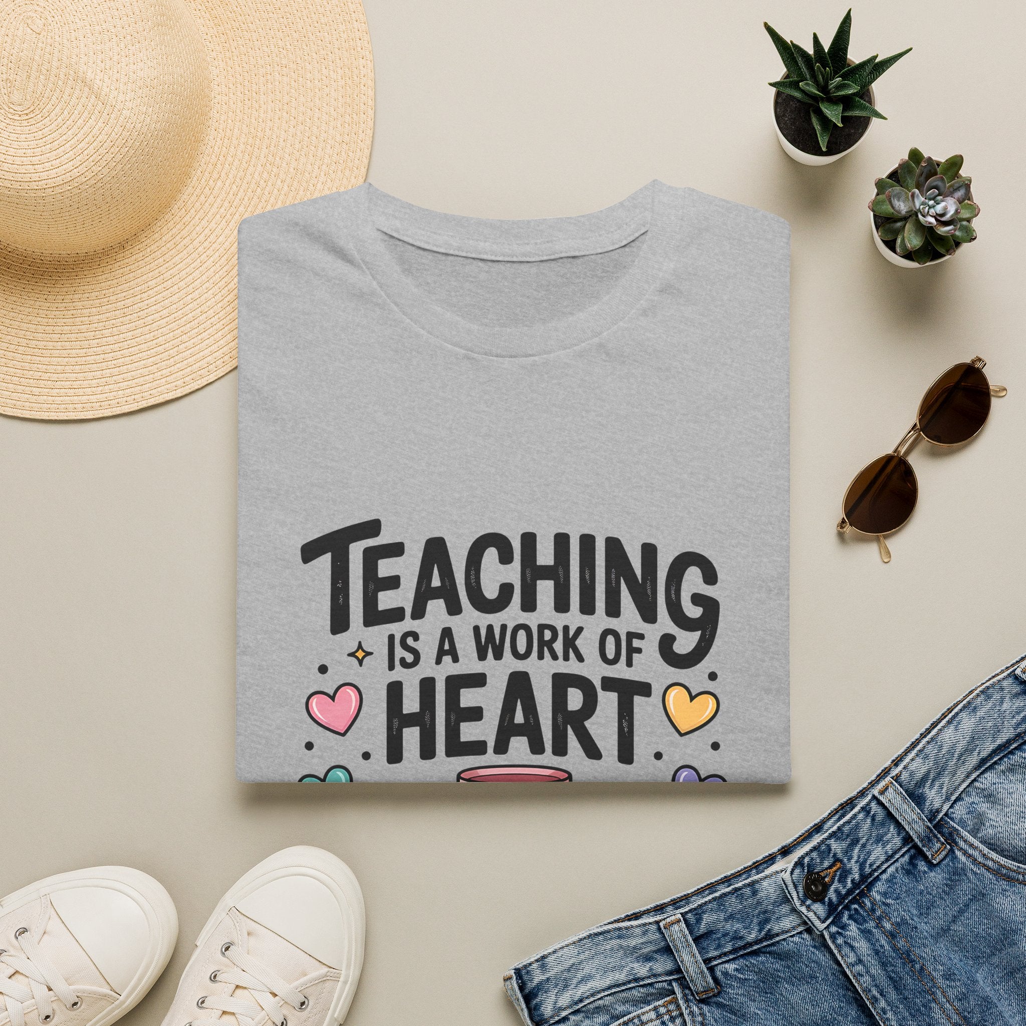 Teaching Is A Work Of Heart T-Shirt | Teacher Mug and Books Illustration