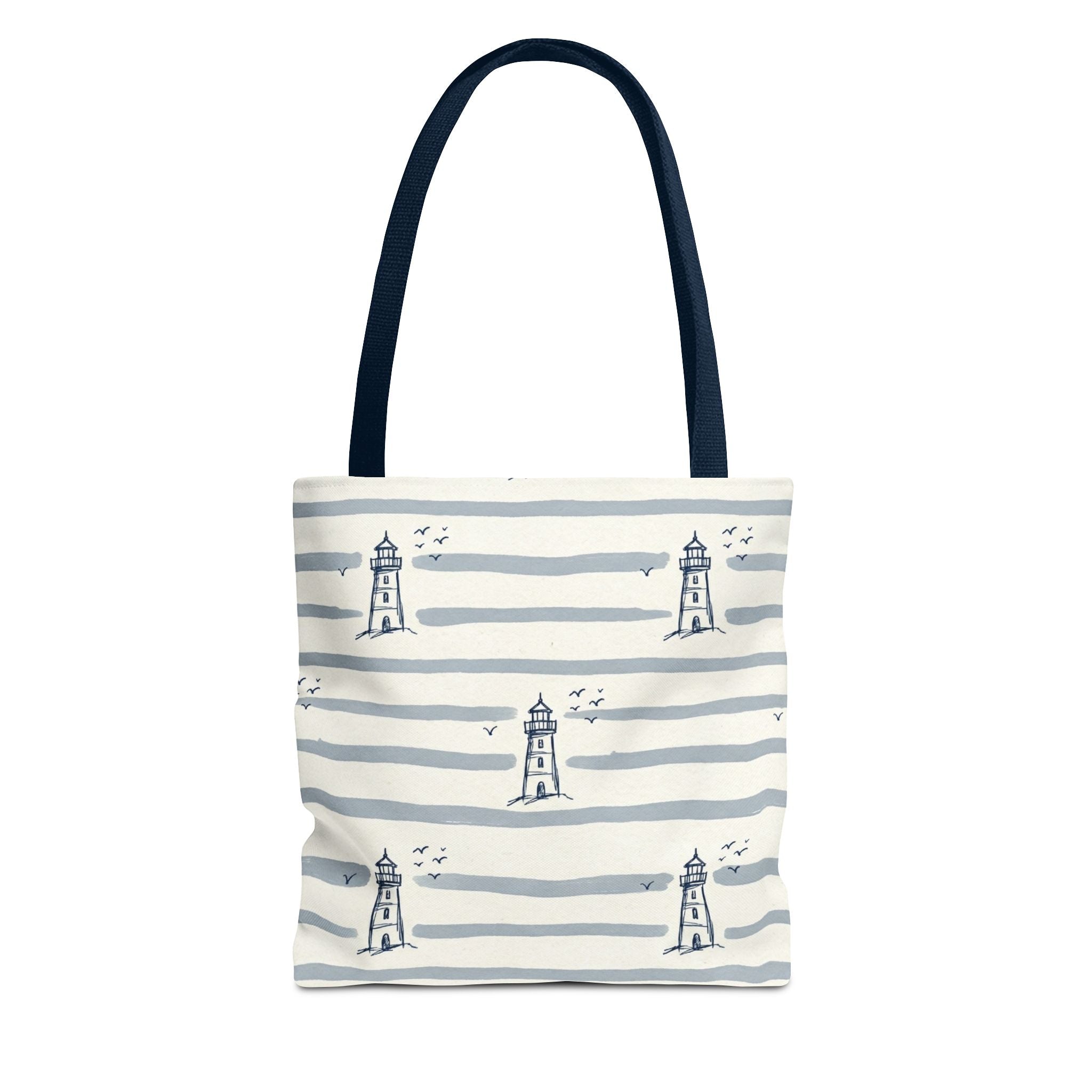 Nautical Lighthouse Pattern Tote Bag | Striped Coastal Beach Tote
