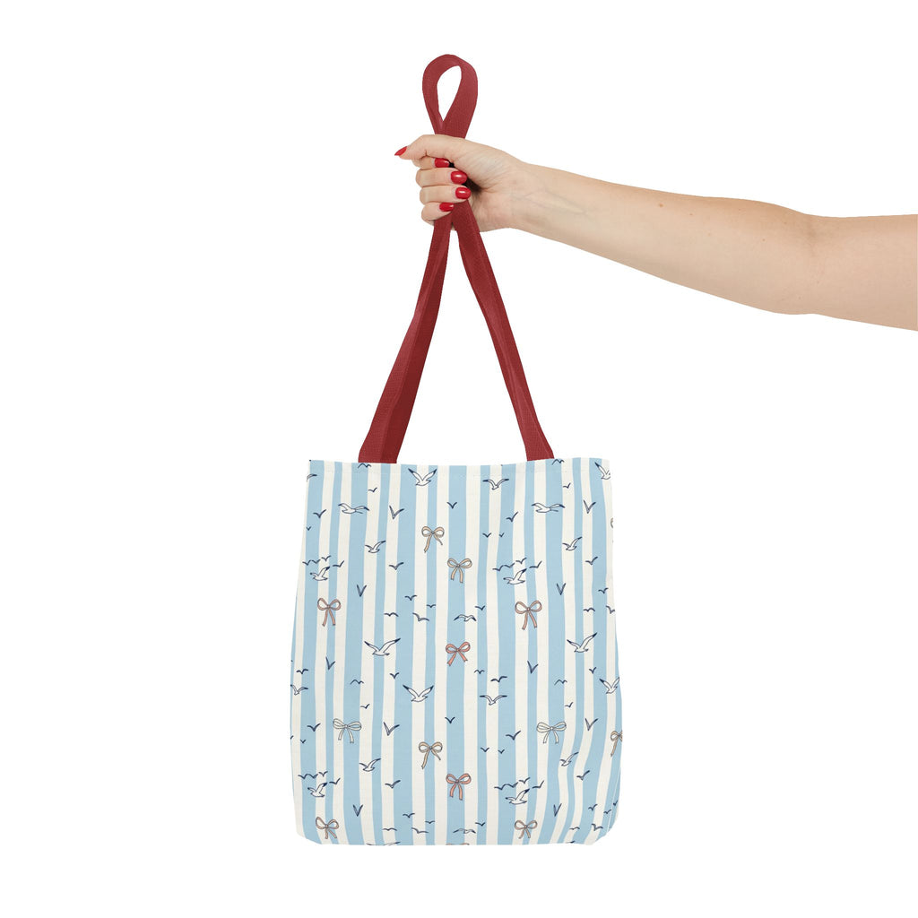 Blue Striped Bows and Birds Tote Bag