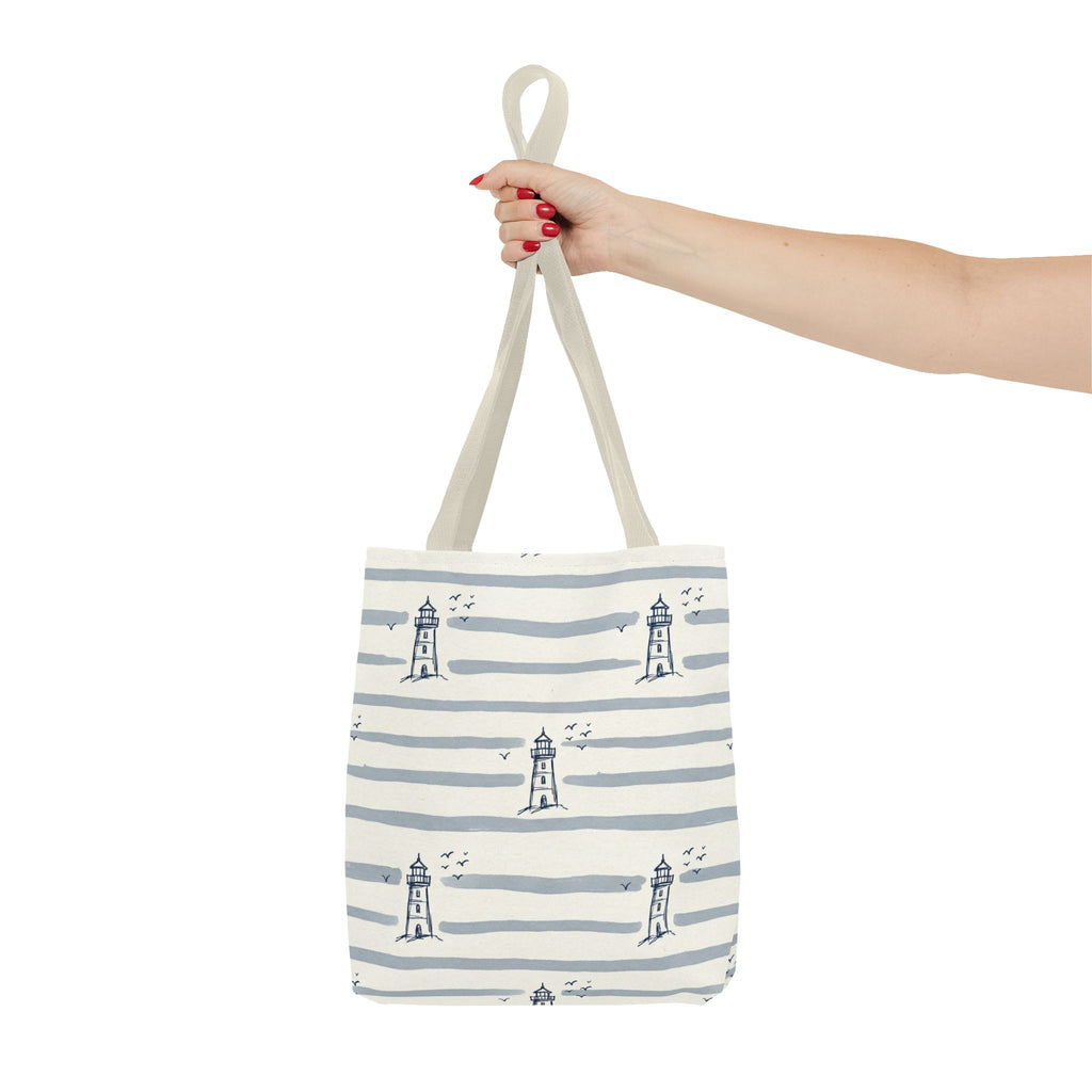 Nautical Lighthouse Pattern Tote Bag | Striped Coastal Beach Tote