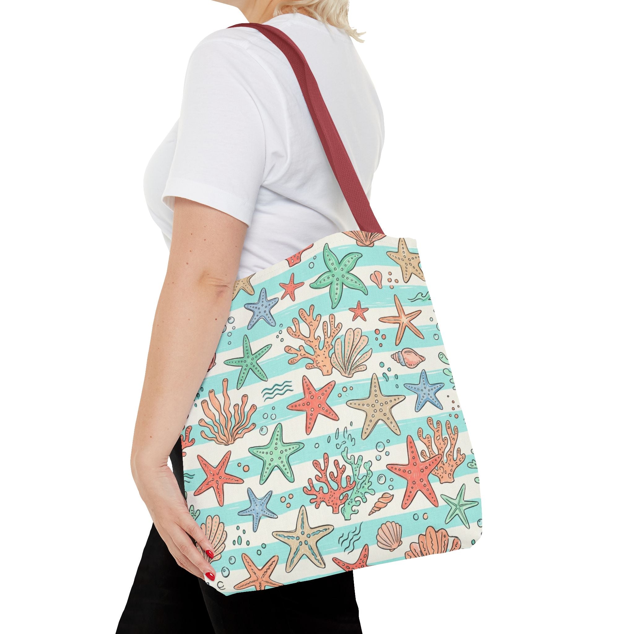 Starfish Coral Pattern Tote Bag | Beach Sea Life Striped Nautical Design