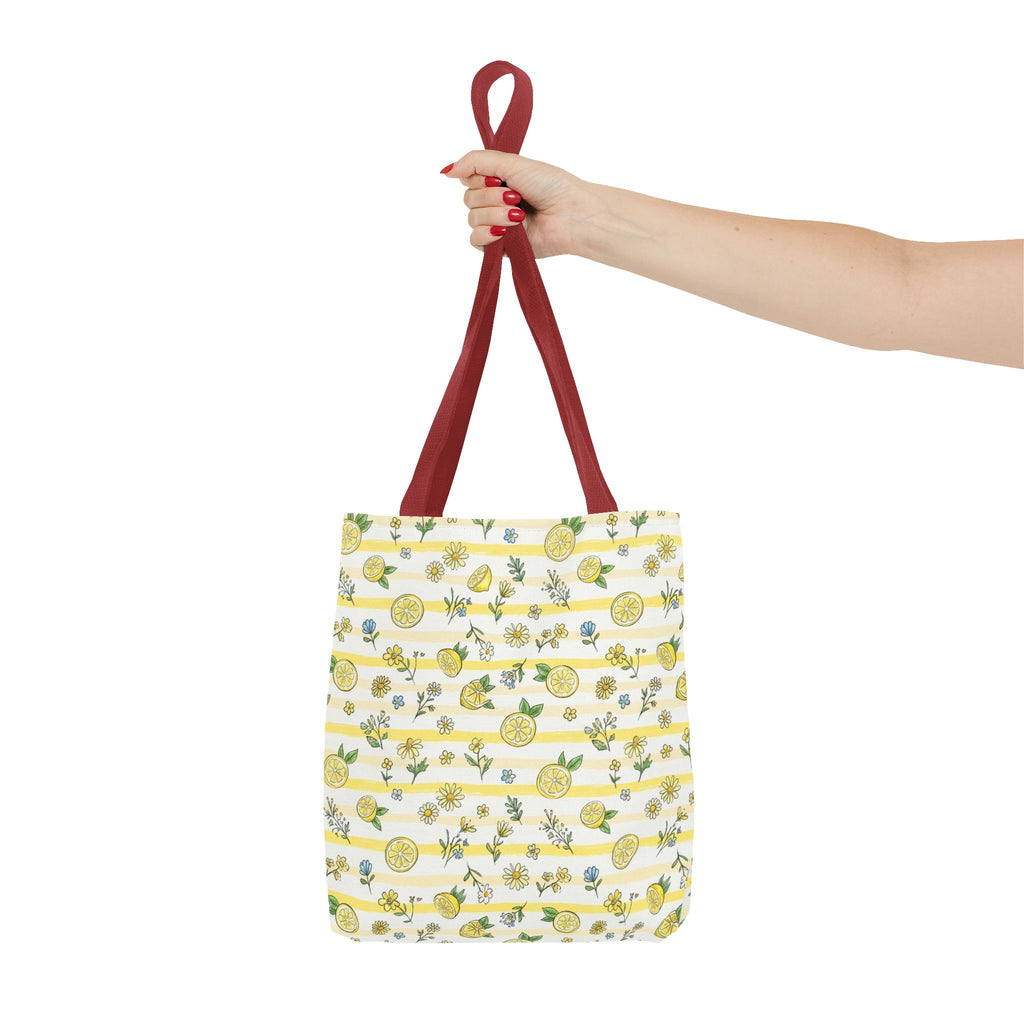 Lemon Stripe Pattern Tote Bag | Citrus Floral All-Over Print