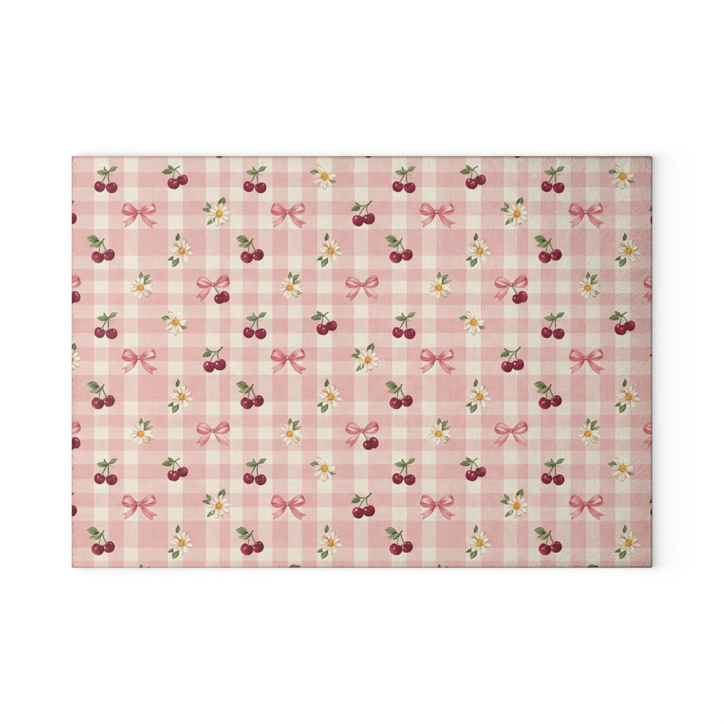 Cherry Bow Plaid Glass Cutting Board | Pink Floral Cherry Pattern