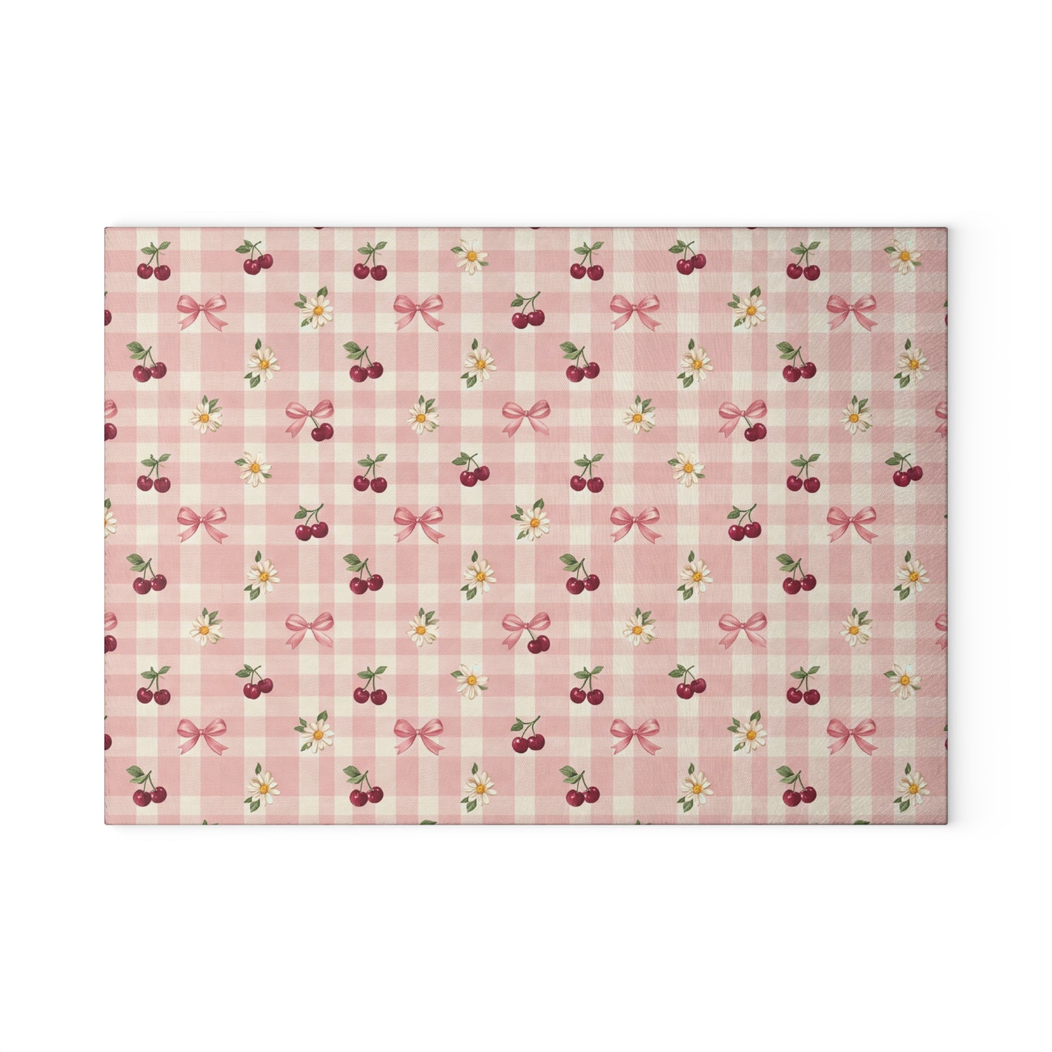 Cherry Bow Plaid Glass Cutting Board | Pink Floral Cherry Pattern