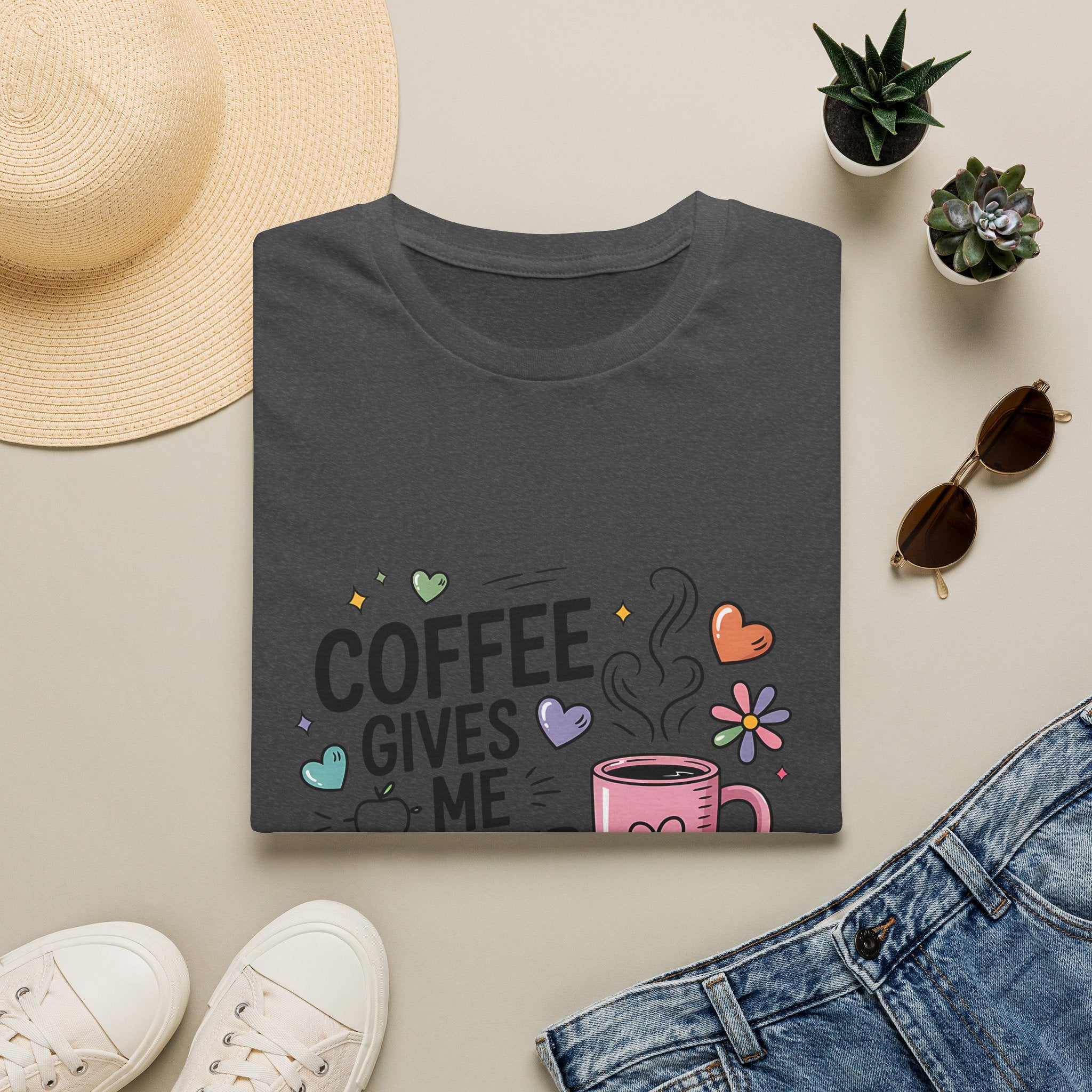 Coffee Gives Me Teacher Power T-Shirt | Teacher Coffee Mug Stack Design