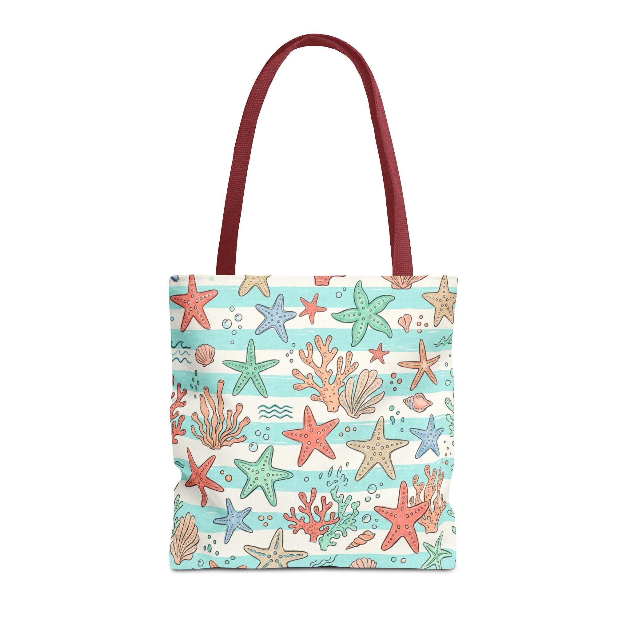 Starfish Coral Pattern Tote Bag | Beach Sea Life Striped Nautical Design