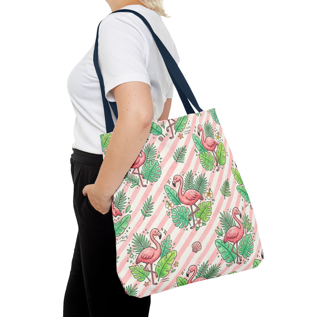 Pink Flamingo Pattern Tote Bag | Tropical Leaves Striped All-Over Print