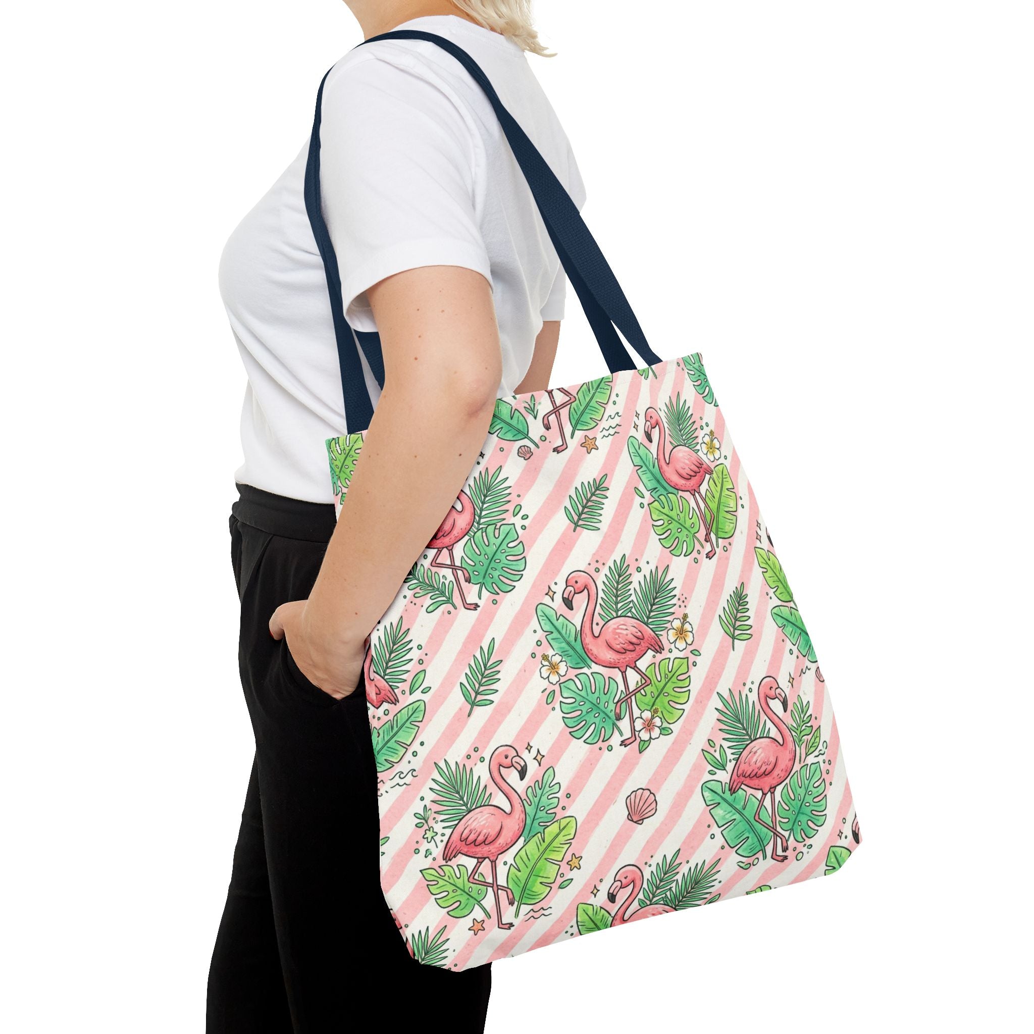 Pink Flamingo Pattern Tote Bag | Tropical Leaves Striped All-Over Print