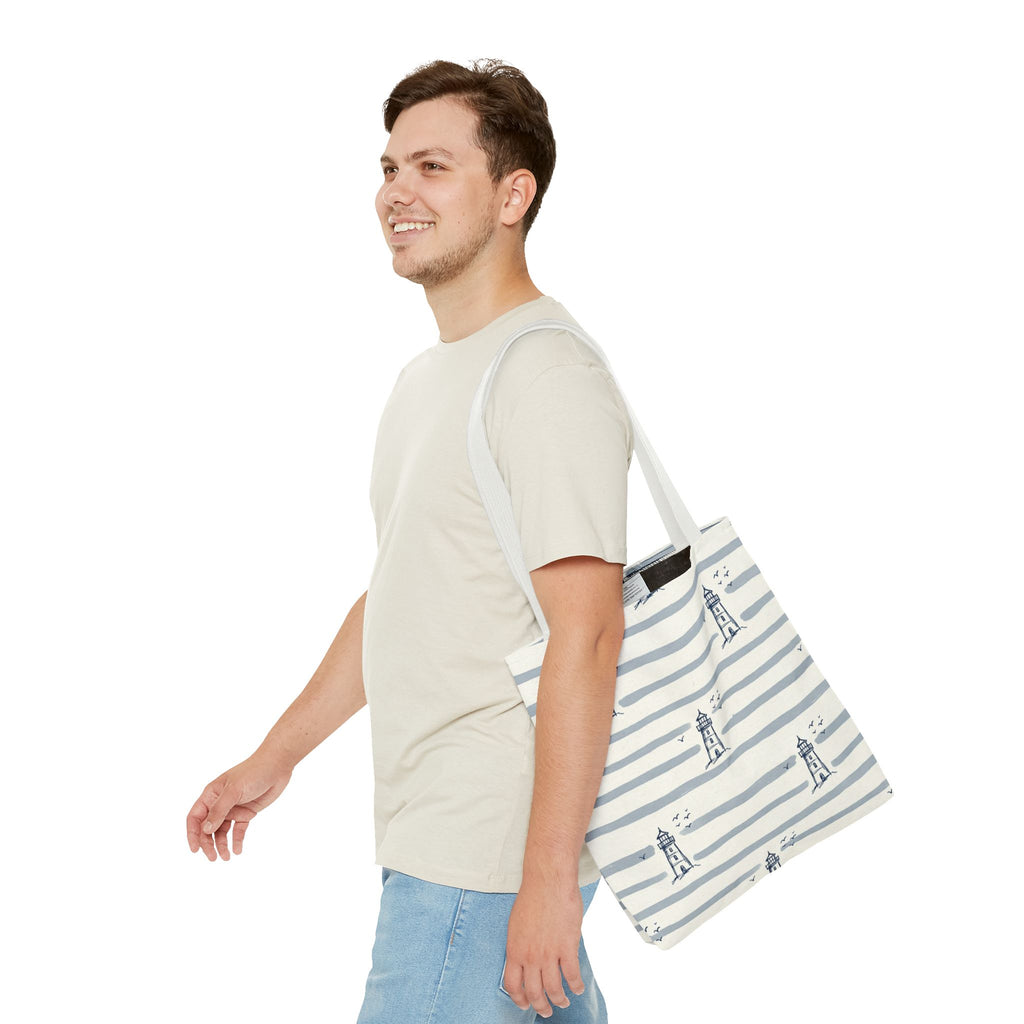 Nautical Lighthouse Pattern Tote Bag | Striped Coastal Beach Tote