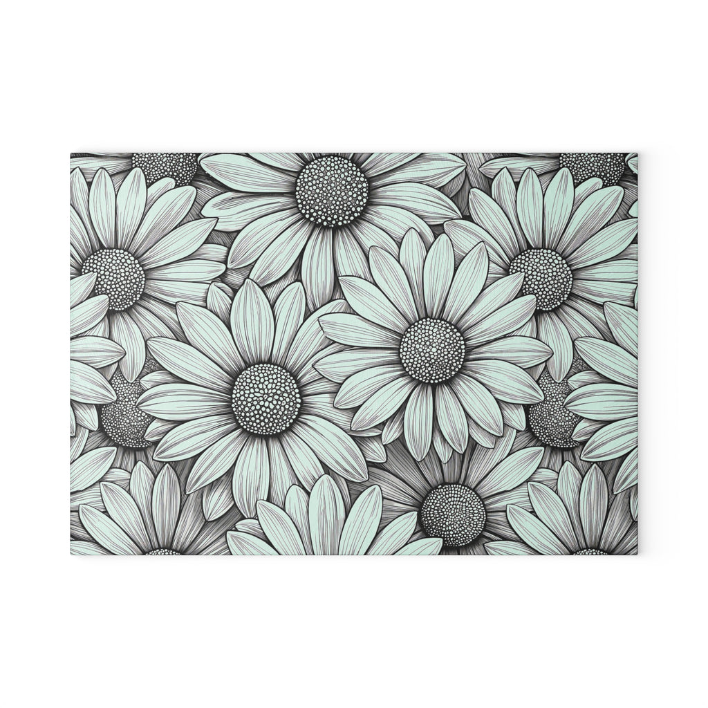 Daisy Floral Pattern Glass Cutting Board | Black White Sunflowers