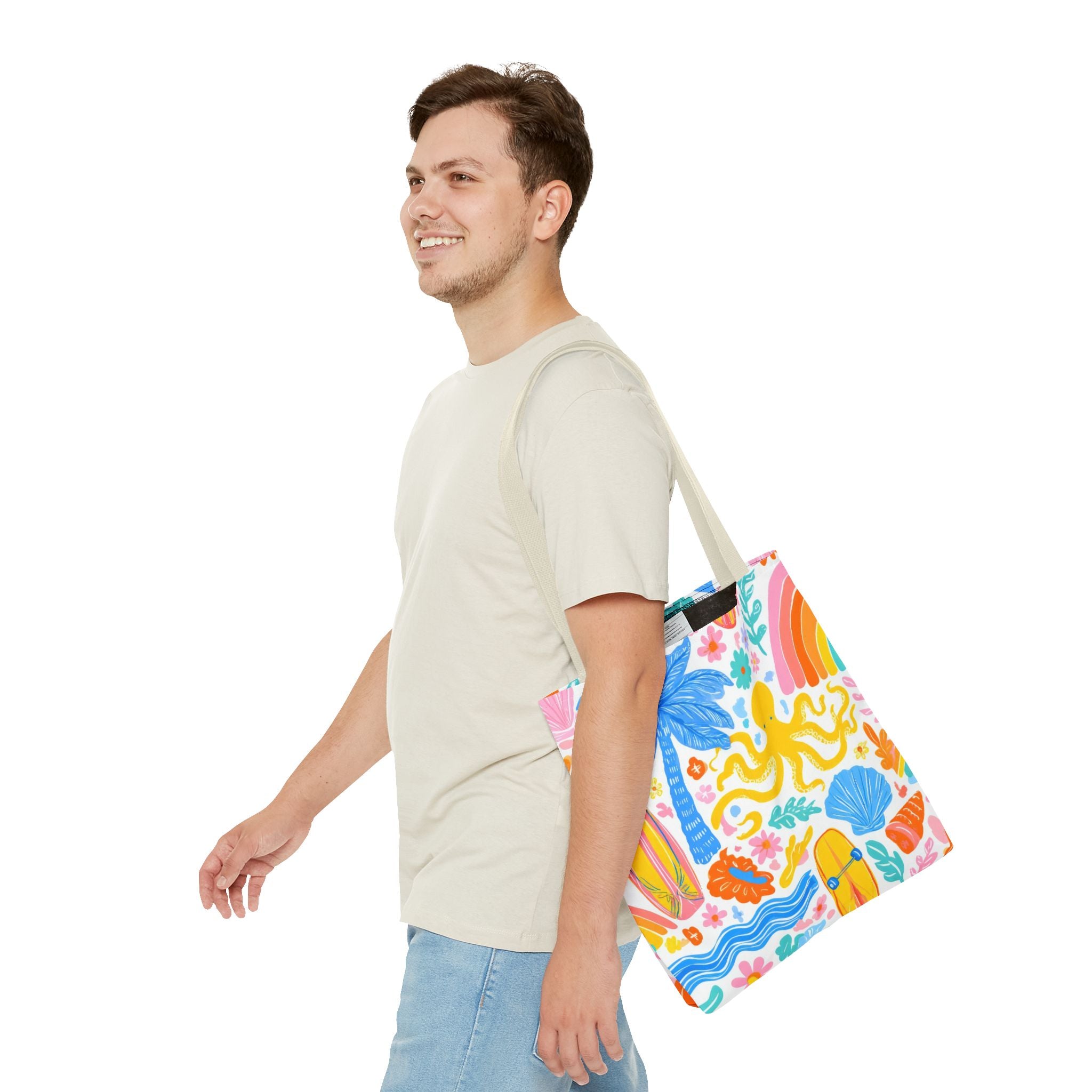 Colorful Beach Octopus Tote Bag | Tropical Palm, Surfboard, Rainbow Print