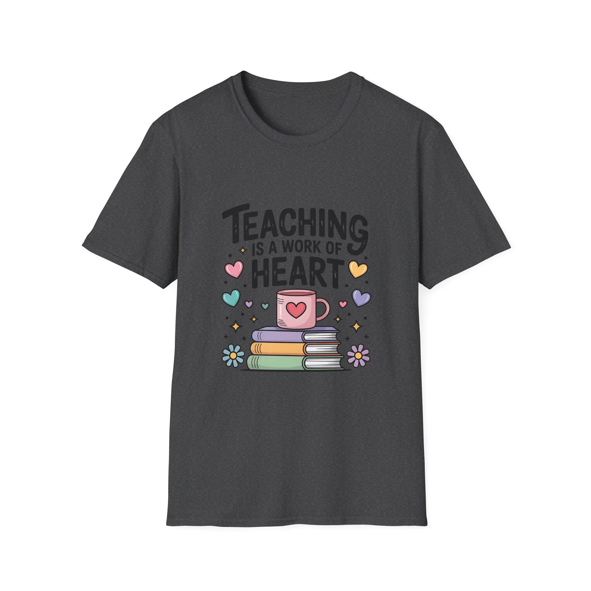 Teaching Is A Work Of Heart T-Shirt | Teacher Mug and Books Illustration