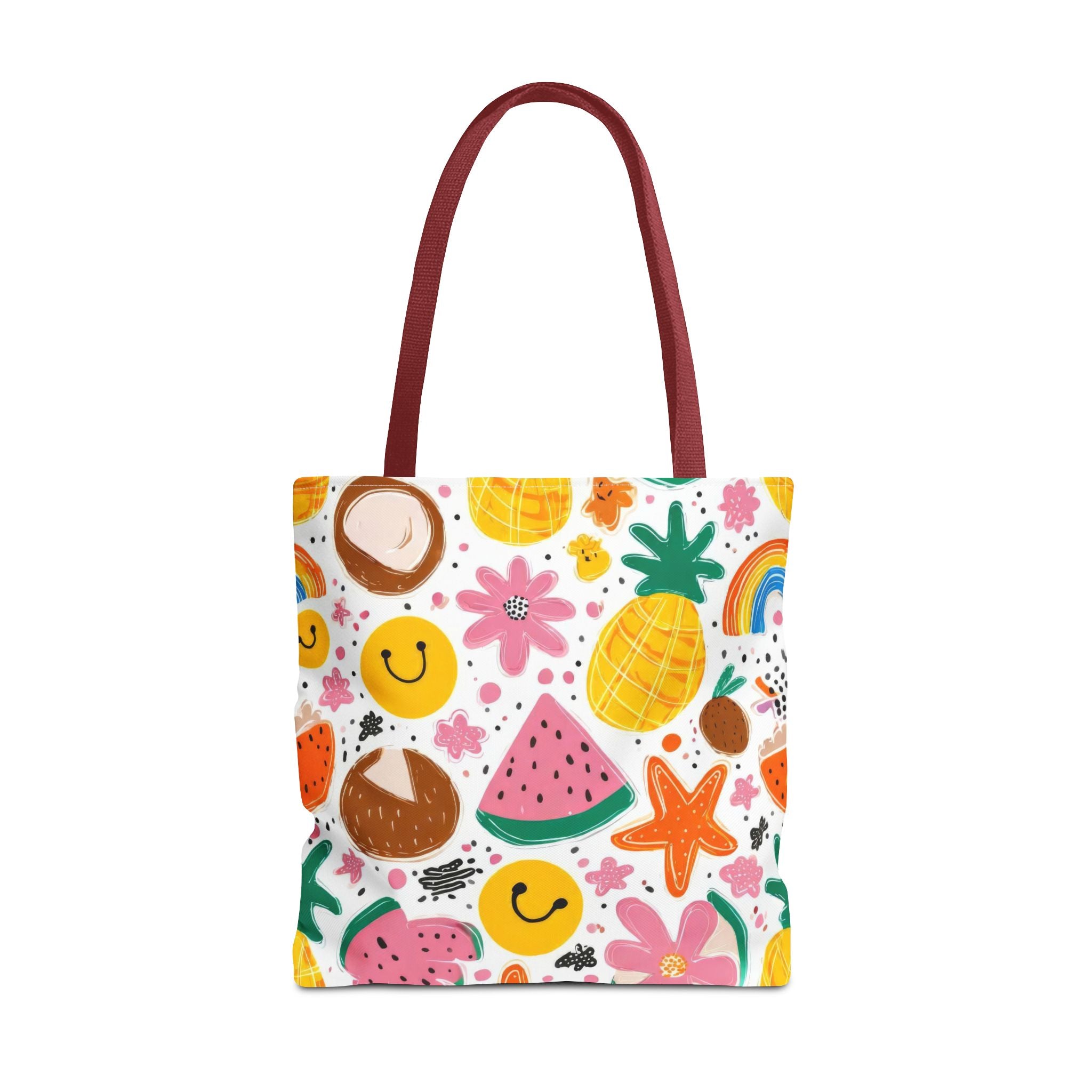 Tropical Fruit Pattern Tote Bag | Pineapple Watermelon Coconut Smiley