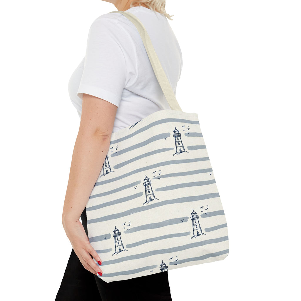 Nautical Lighthouse Pattern Tote Bag | Striped Coastal Beach Tote
