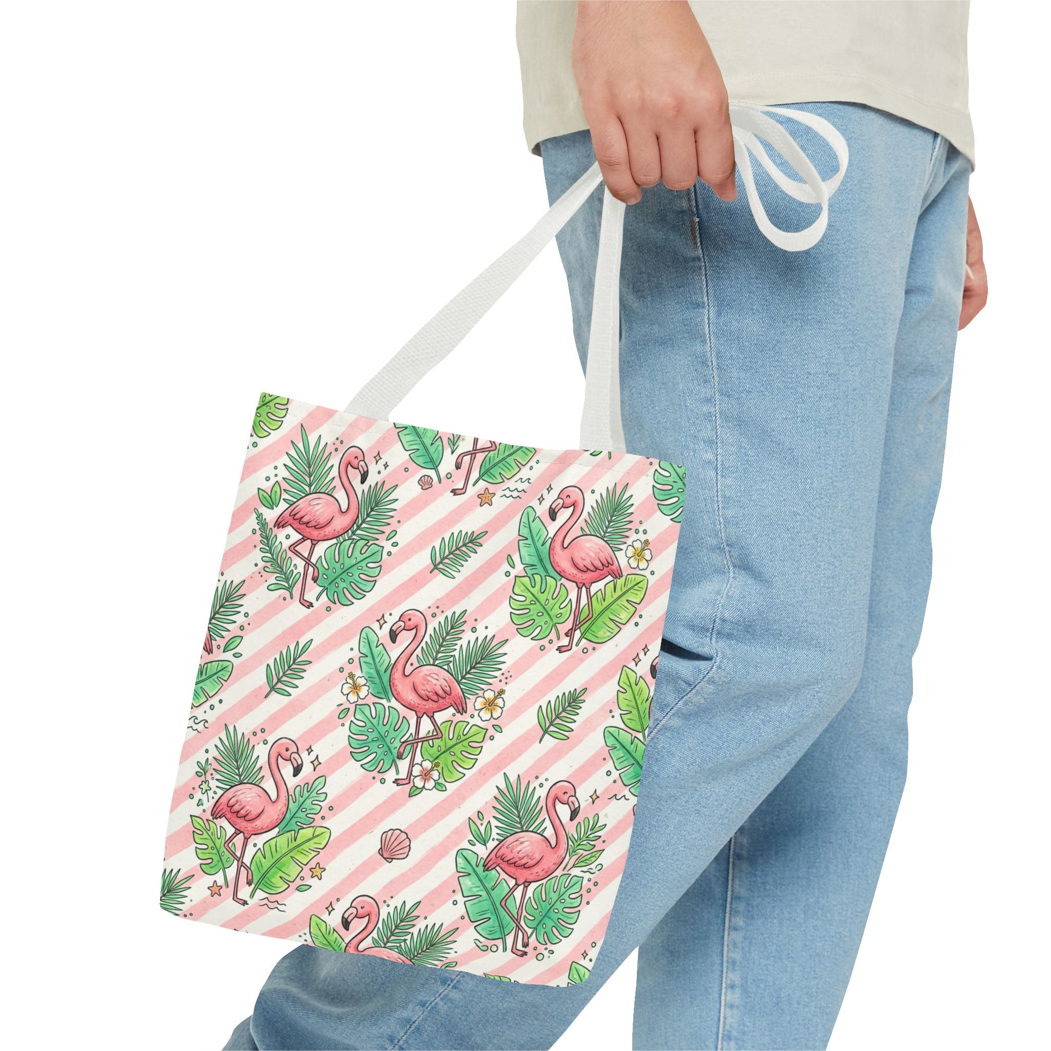 Pink Flamingo Pattern Tote Bag | Tropical Leaves Striped All-Over Print