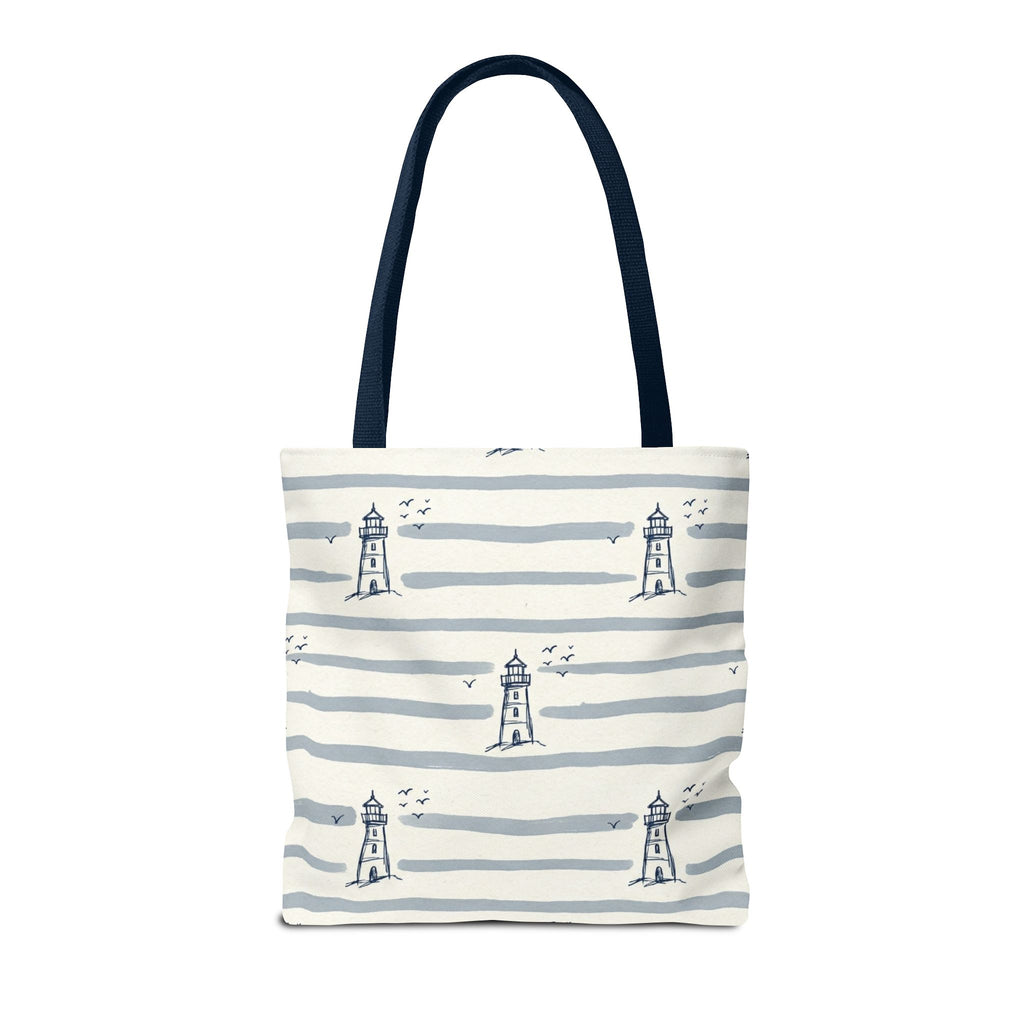 Nautical Lighthouse Pattern Tote Bag | Striped Coastal Beach Tote