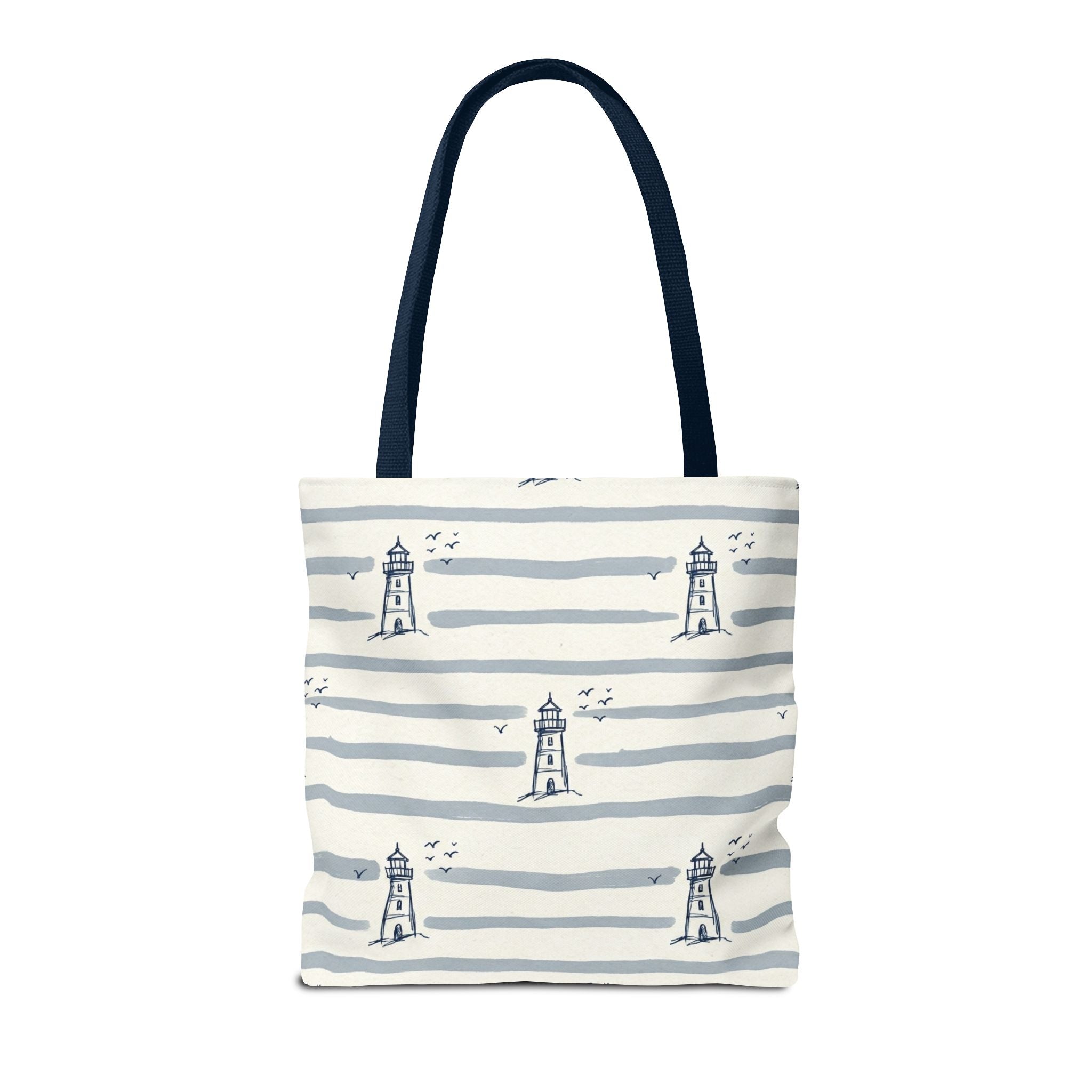 Nautical Lighthouse Pattern Tote Bag | Striped Coastal Beach Tote