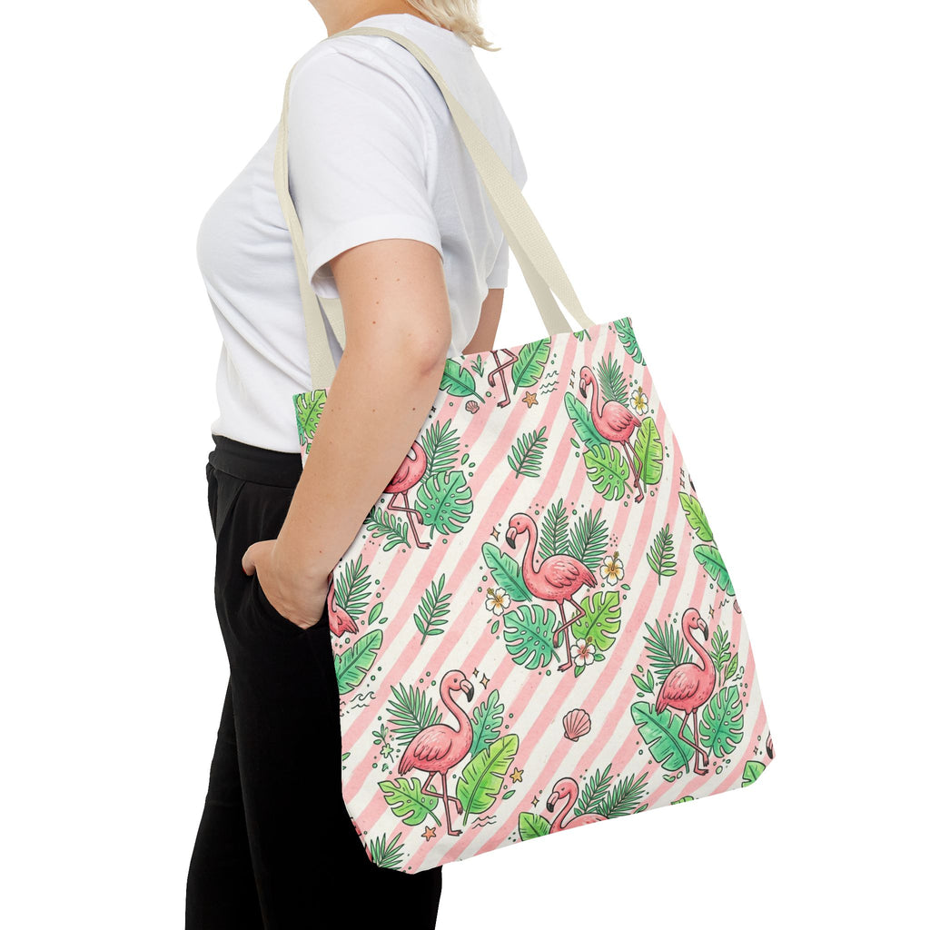 Pink Flamingo Pattern Tote Bag | Tropical Leaves Striped All-Over Print