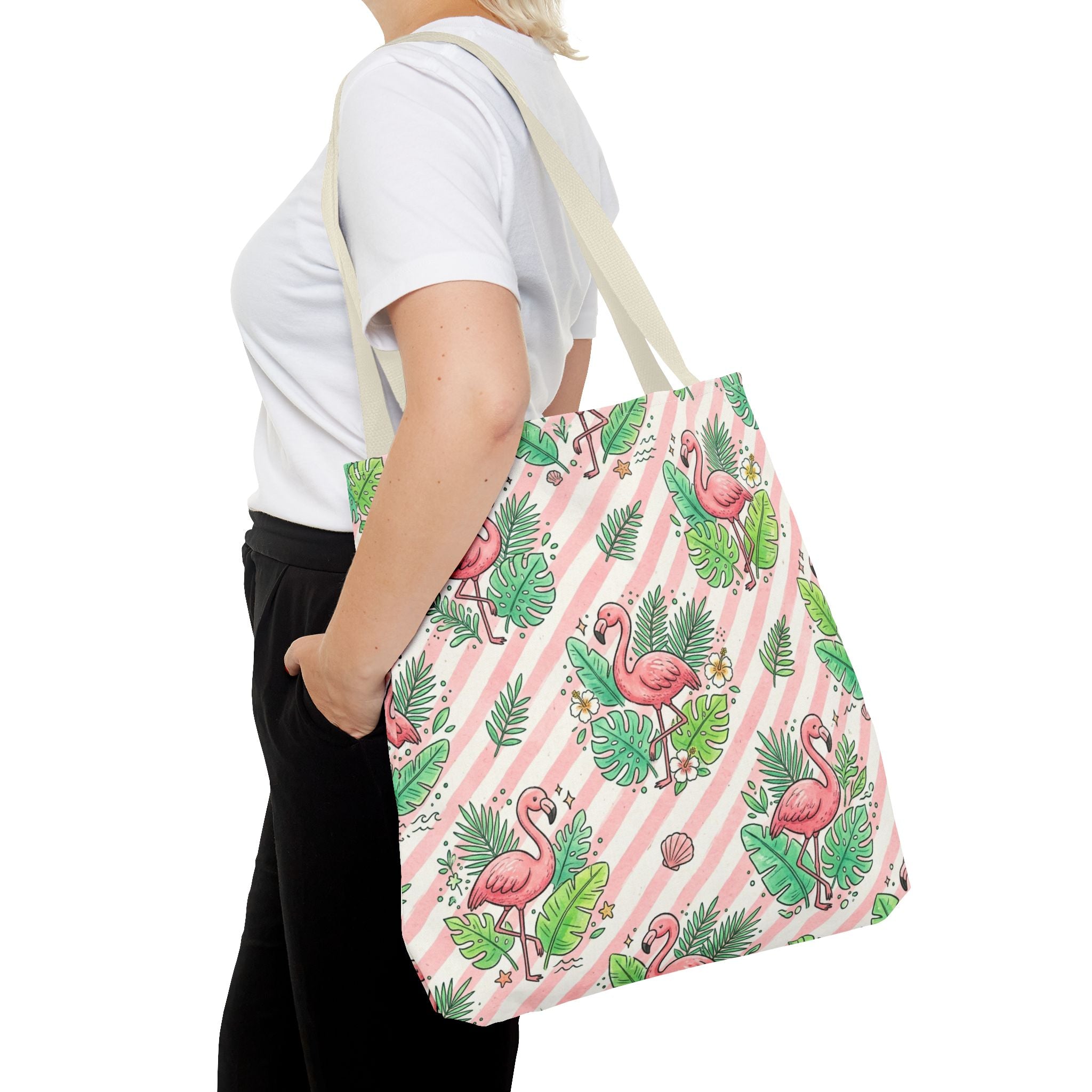 Pink Flamingo Pattern Tote Bag | Tropical Leaves Striped All-Over Print