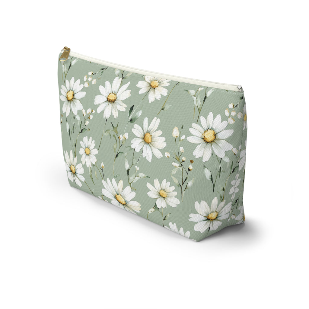 White Daisy Pattern Accessory Pouch | Floral Cosmetic Bag