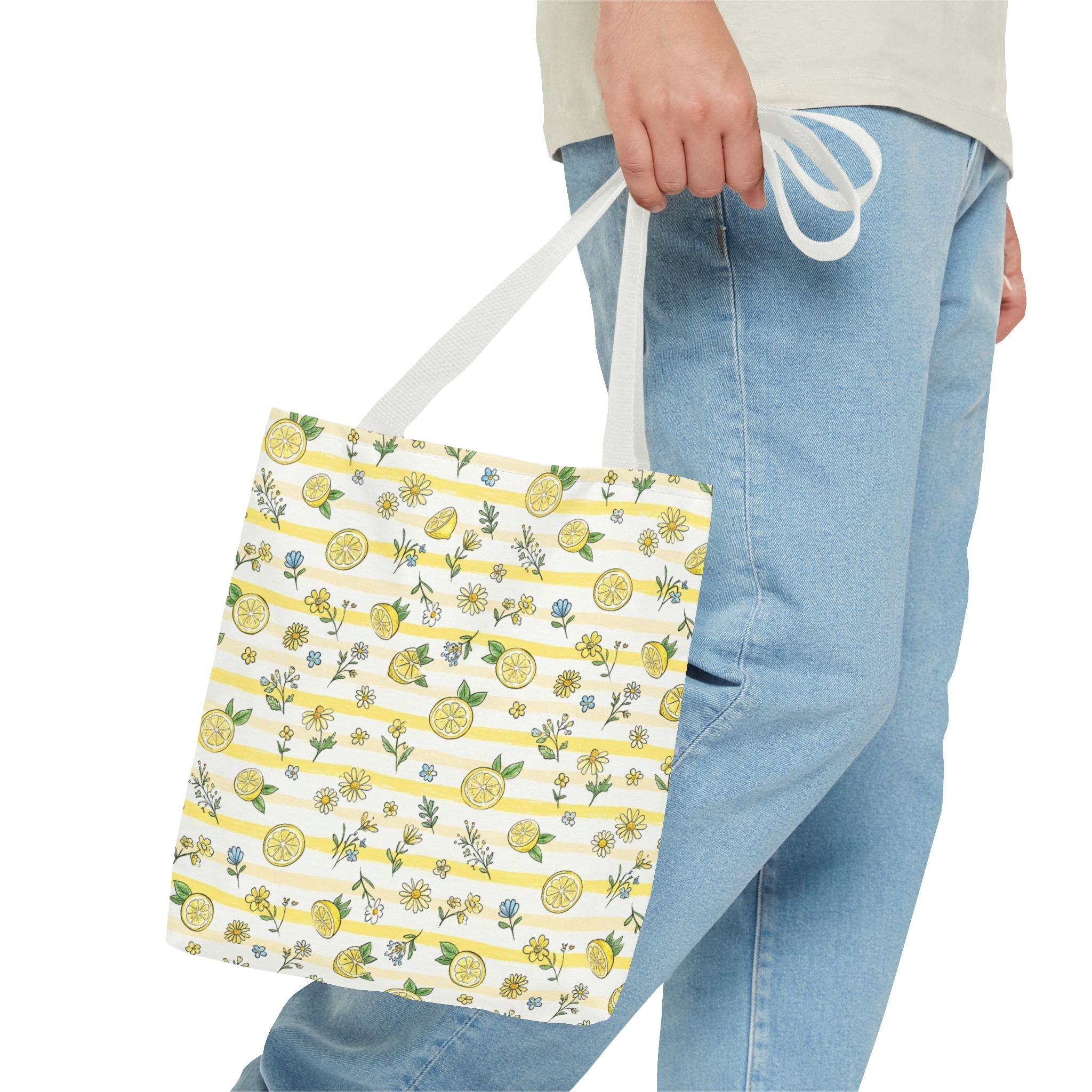 Lemon Stripe Pattern Tote Bag | Citrus Floral All-Over Print
