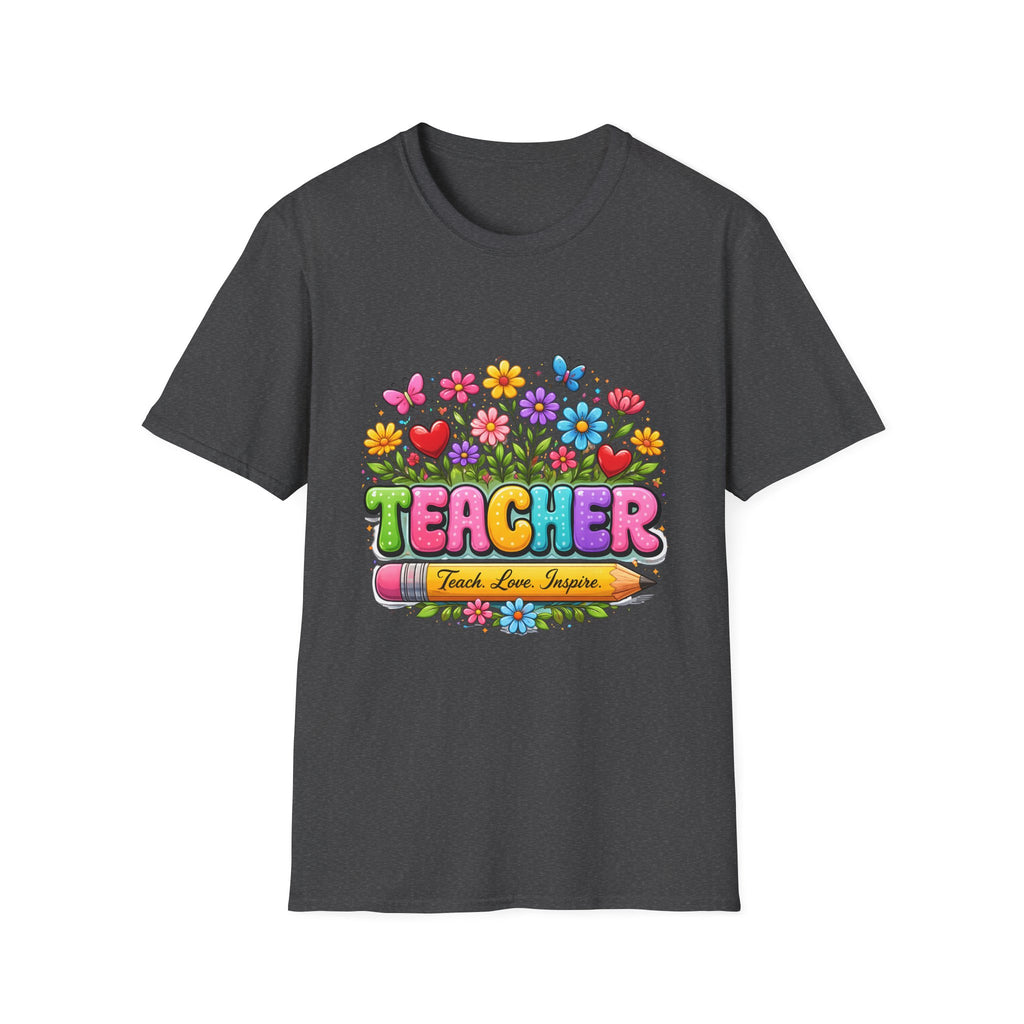 Teacher floral pencil design T-Shirt | Teach Love Inspire, colorful school shirt