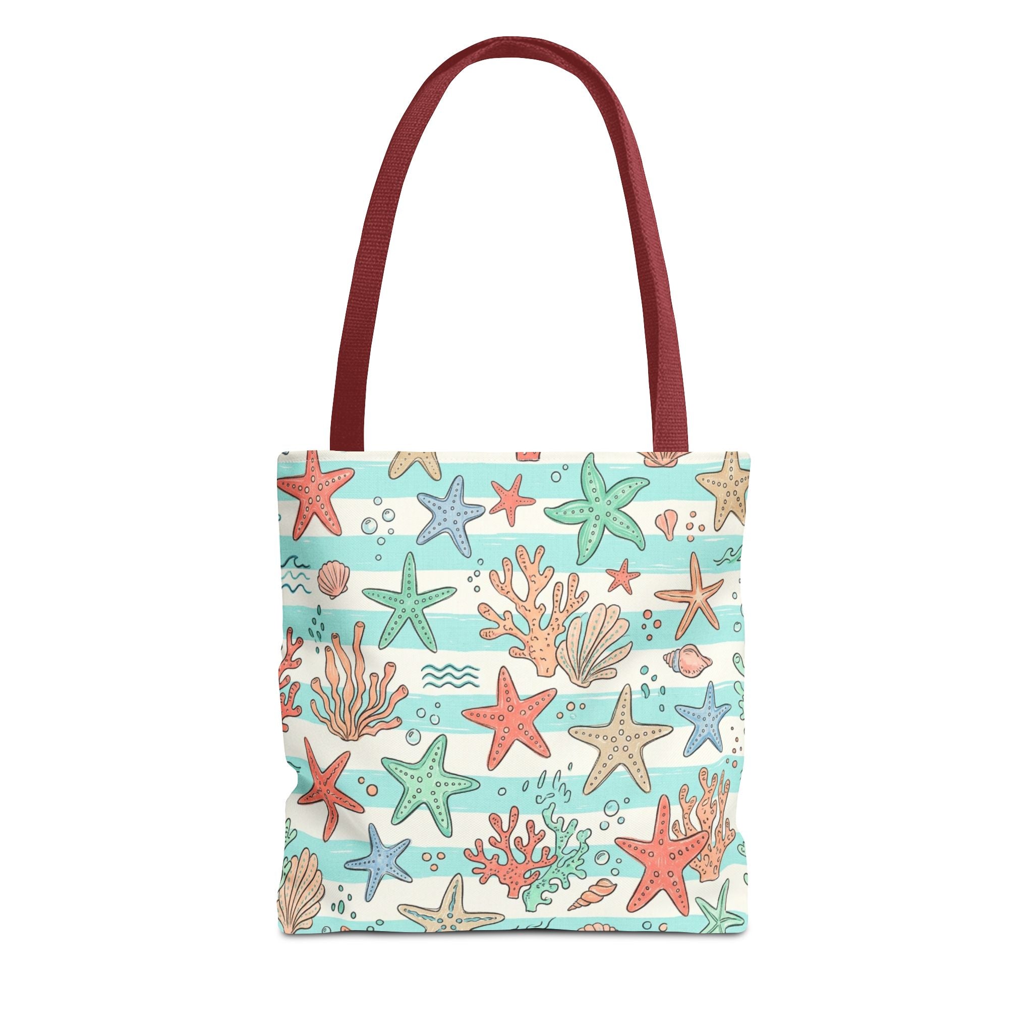 Starfish Coral Pattern Tote Bag | Beach Sea Life Striped Nautical Design