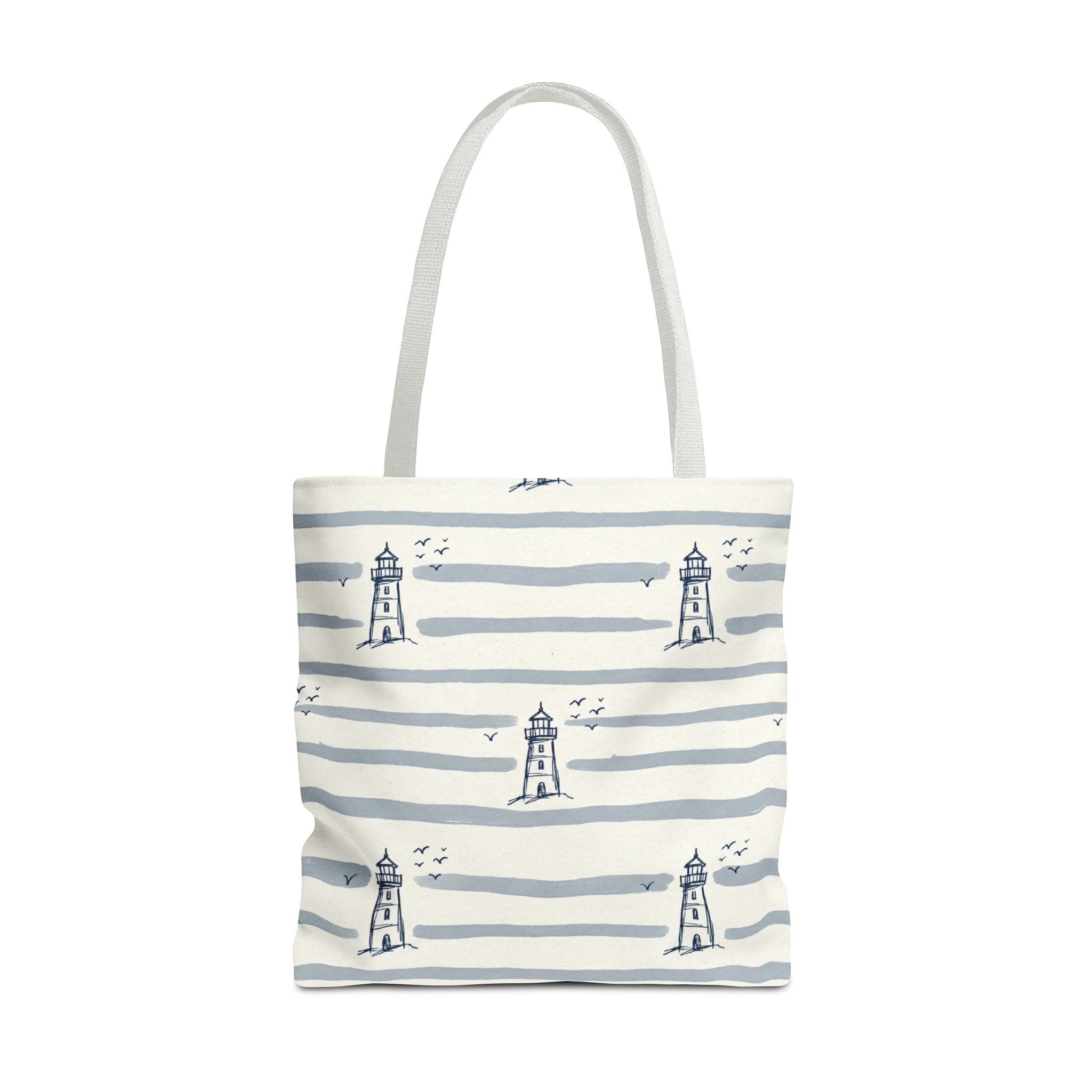 Nautical Lighthouse Pattern Tote Bag | Striped Coastal Beach Tote