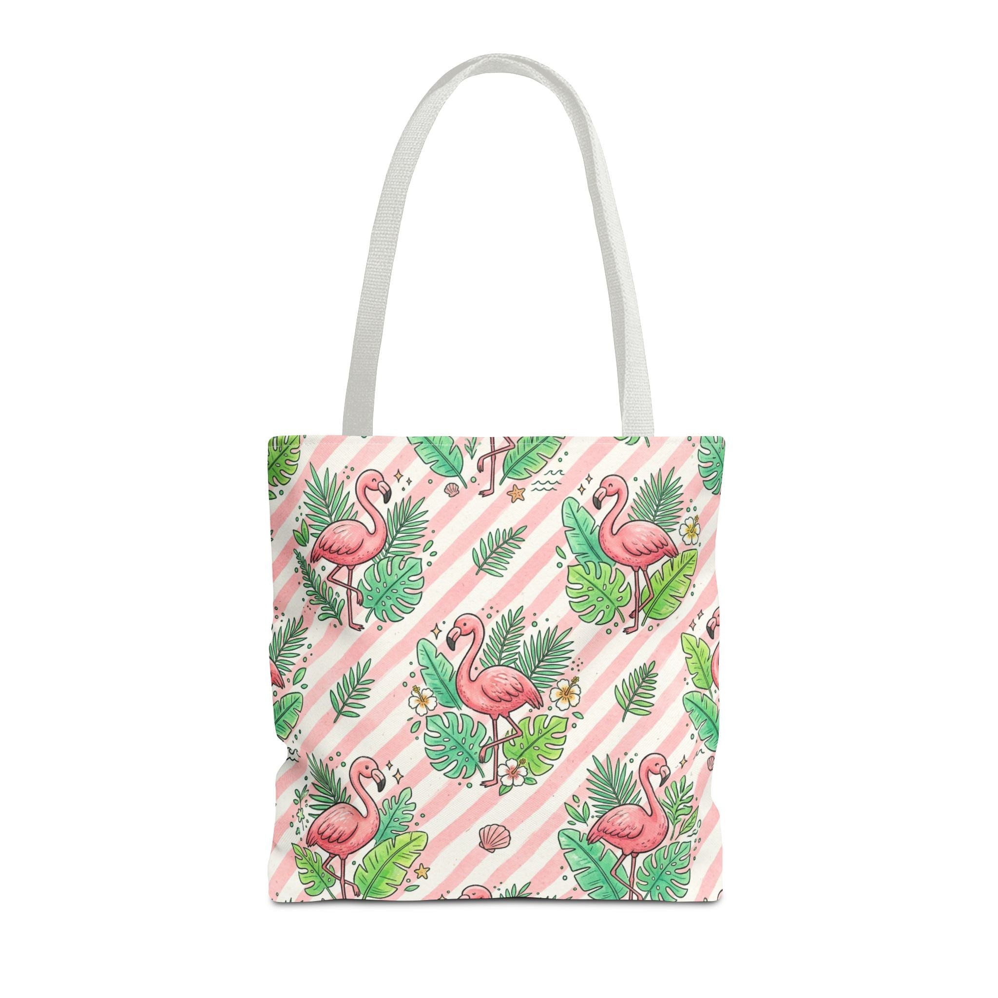 Pink Flamingo Pattern Tote Bag | Tropical Leaves Striped All-Over Print