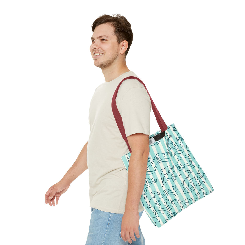 Dolphin Wave Pattern Tote Bag | Aqua Striped Ocean Design