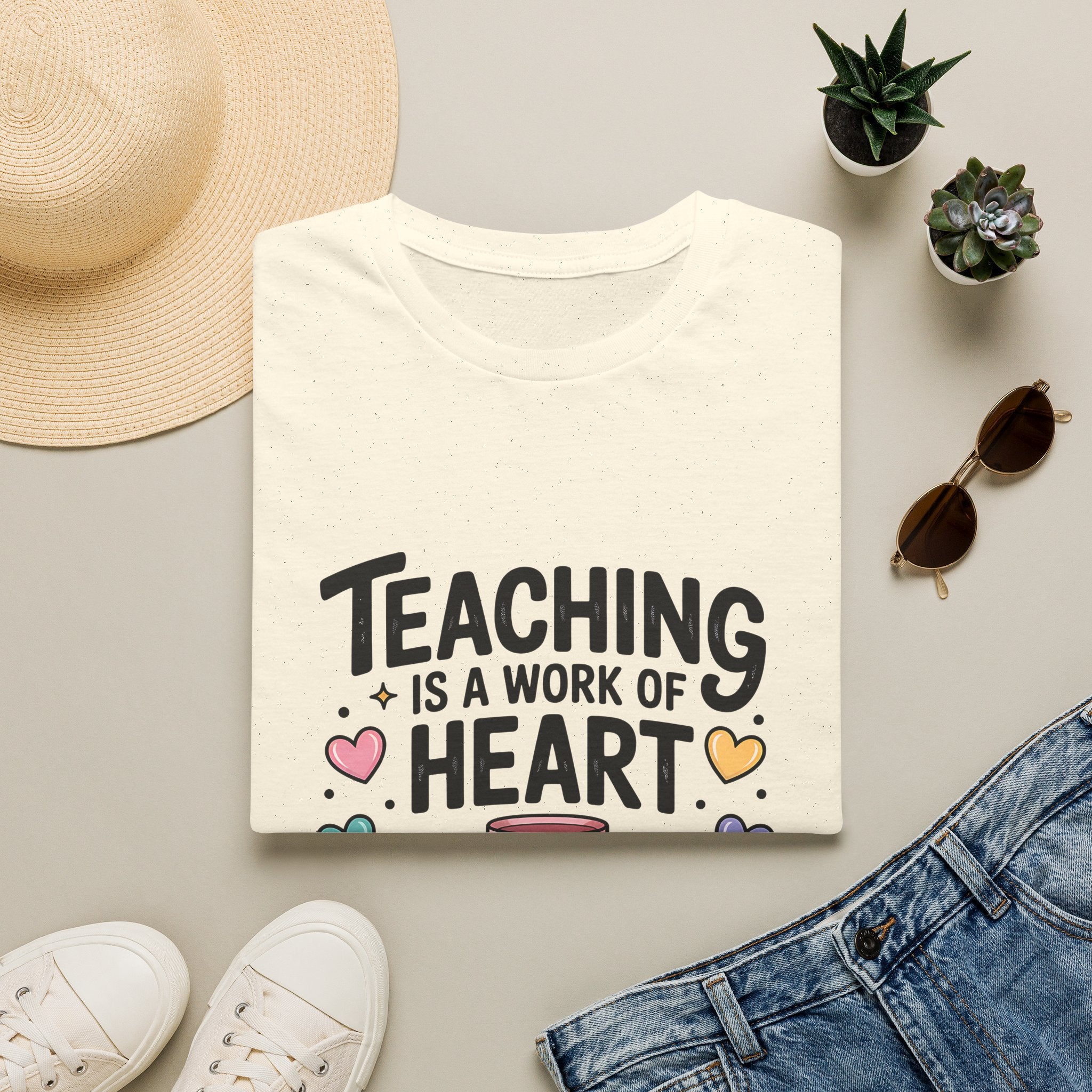 Teaching Is A Work Of Heart T-Shirt | Teacher Mug and Books Illustration