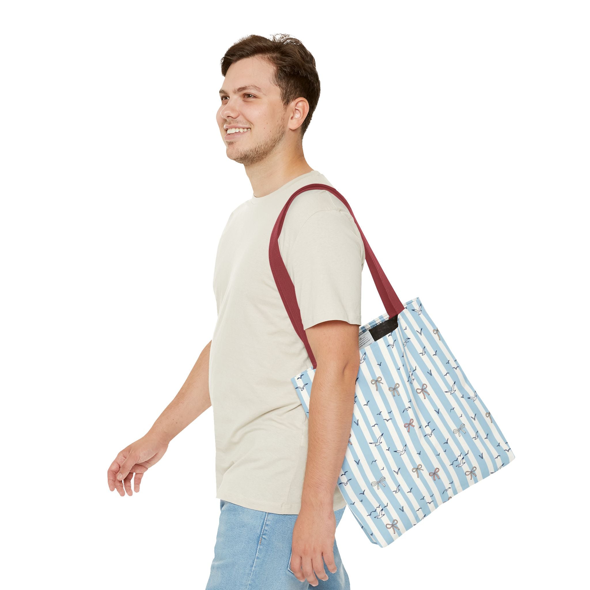Blue Striped Bows and Birds Tote Bag