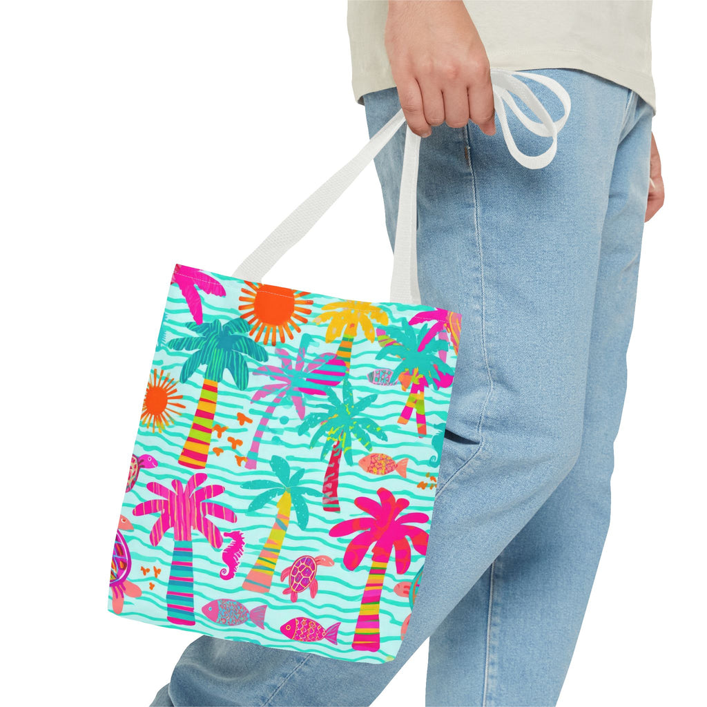 Tropical Palm Pattern Tote Bag | Colorful Beach Palms Stripe All-Over Print